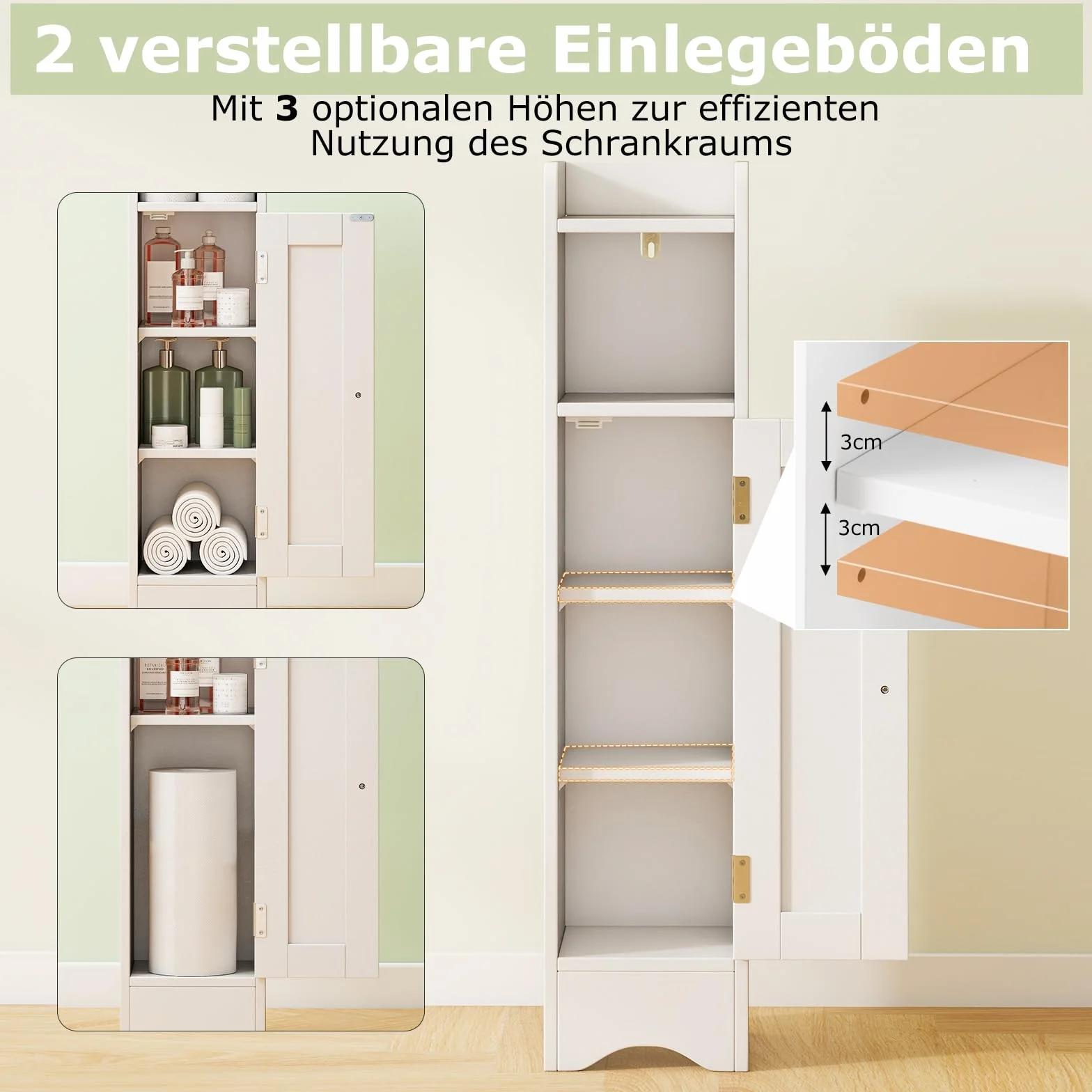 COSTWAY Szafka toaletowa, wąska, szafka łazienkowa z otwartą półką, drewniany regał łazienkowy z 2 regulowanymi półkami, szafka do przechowywania 18 x 19,5 x 80 cm (biała)
