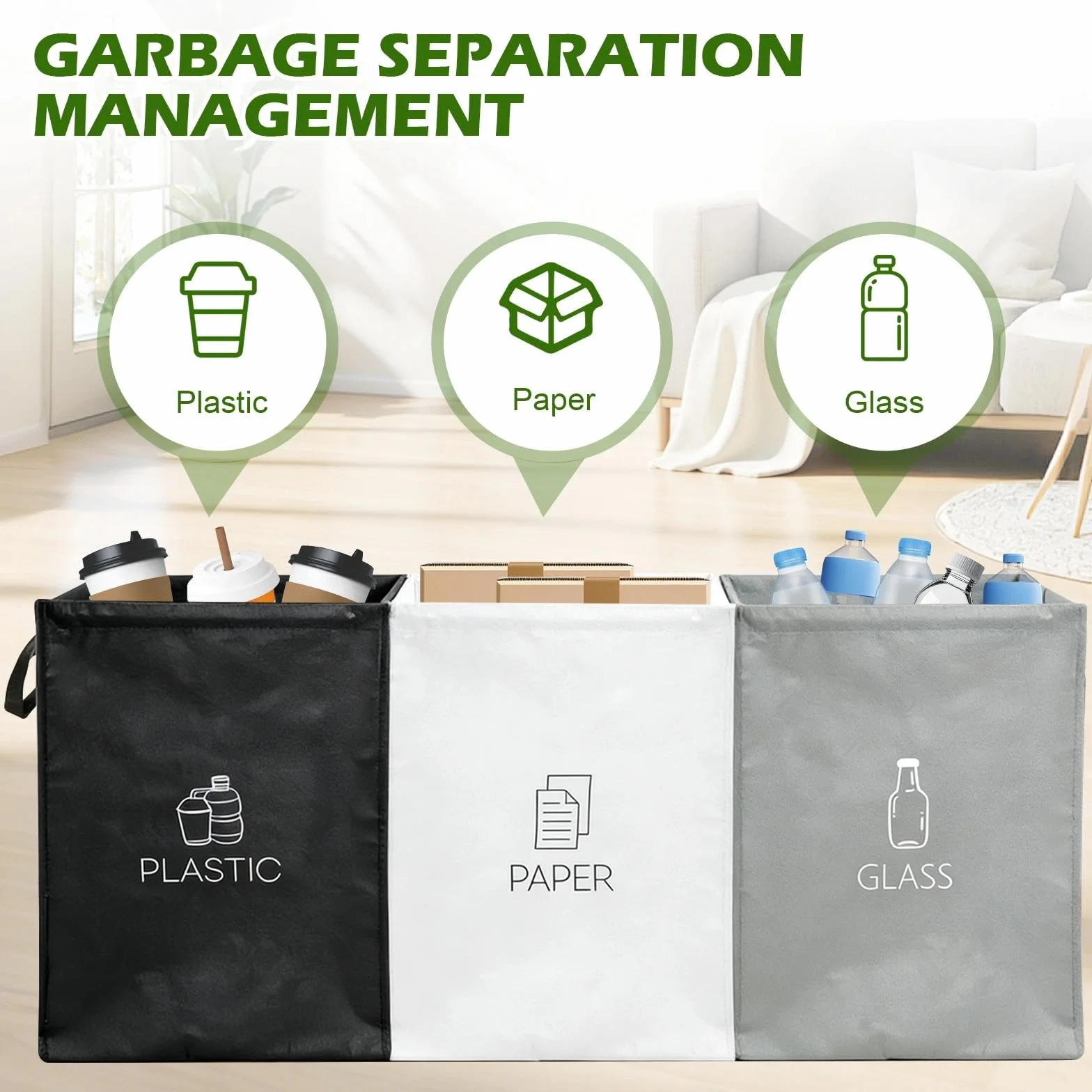 Wvu & Wvo System segregacji śmieci 3-częściowy – zestaw 3 systemów segregacji śmieci na plastik, papier i szkło – pojemniki do recyklingu i zbierania starego papieru z uchwytem, rozwiązanie do
