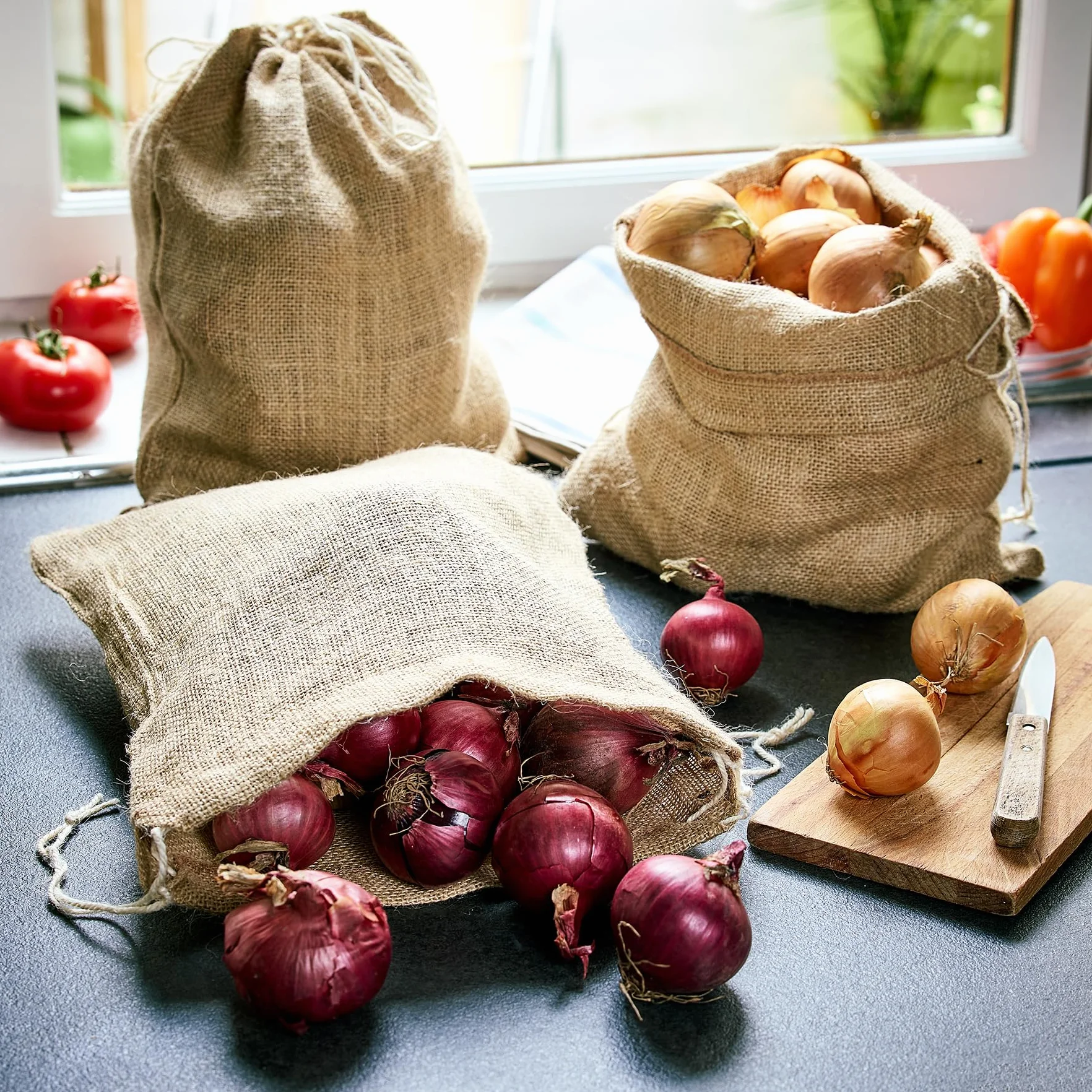 La Cordeline 3 torby z naturalnej juty do przechowywania, przechowywania warzyw, cebuli ziemniaczanej, z cordo, do mocowania