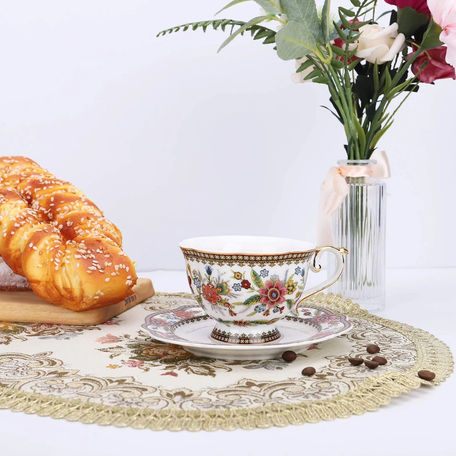 fanquare Filiżanka i spodek z chińskiej porcelany z motywem czerwonych kwiatów, vintage, porcelanowa filiżanka do kawy, 200 ml