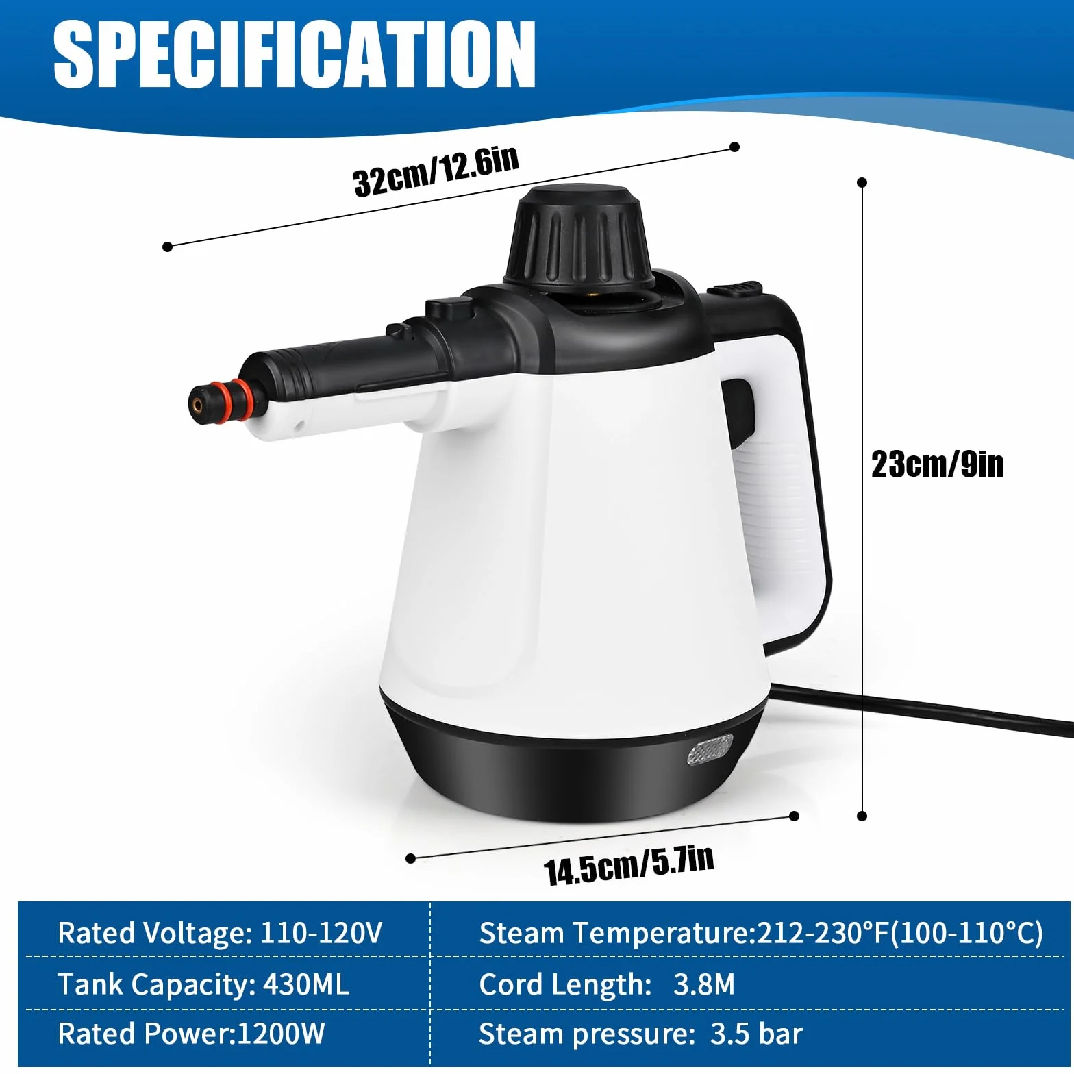 Dreamhigh Ręczny środek do czyszczenia parą 1200 W 3,5 bara 430 ml 9 akcesoriów
