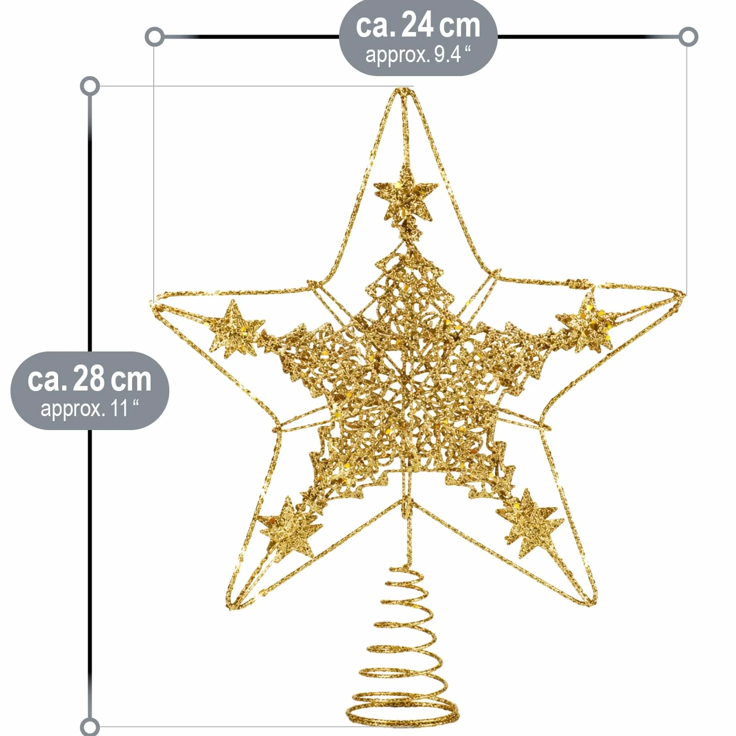 COM-FOUR® deco star Christmas - Ozdoba swiateczna gwiazda wykonana z metalu - stojaca poinsecja z brokatem - zloty wierzcholek choinki (zloty / 28cm)