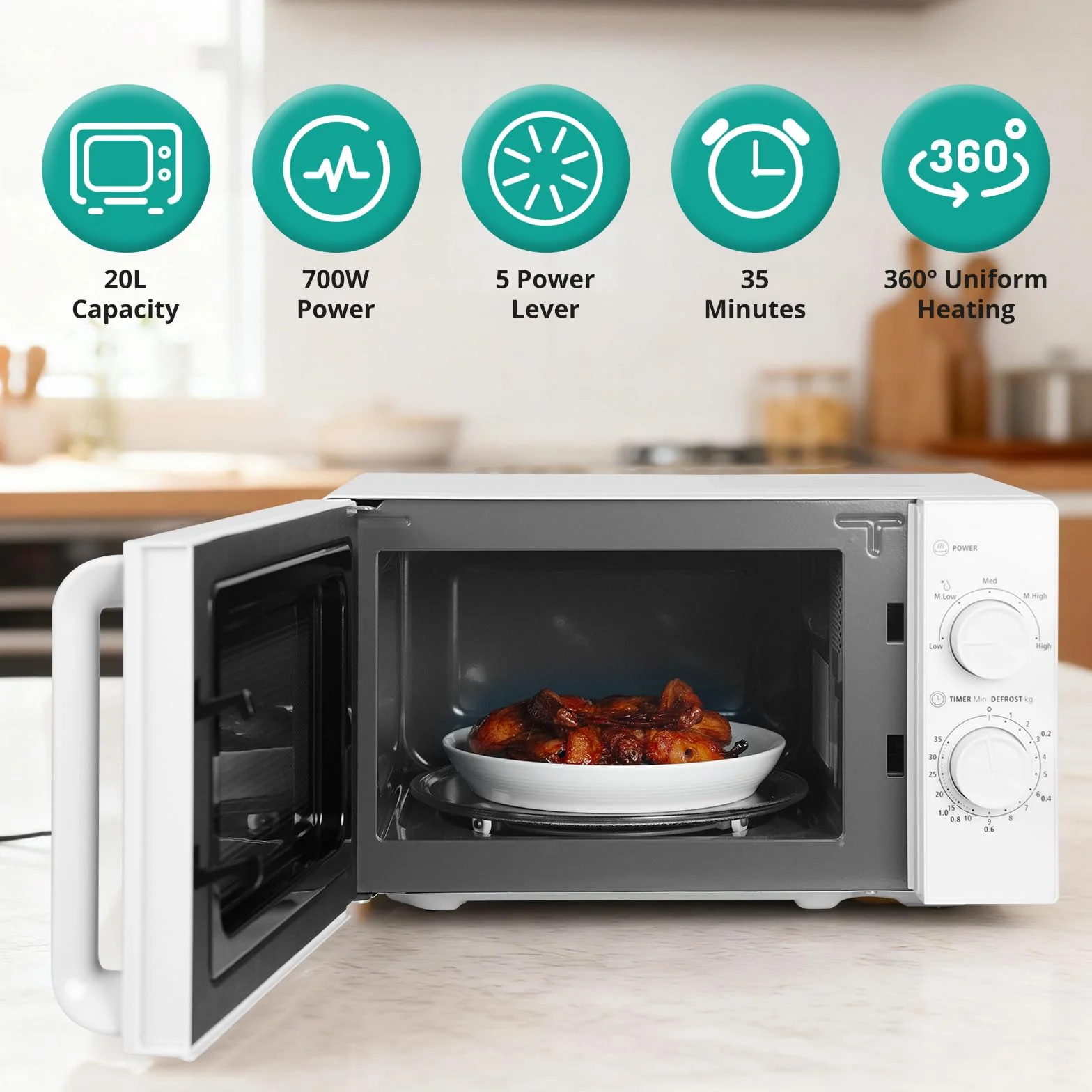 SMETA Kuchenka mikrofalowa, 20 l mikrofalowa, bez grilla, powłoka, moc 700 W, 5 poziomów, timer 35 minut, tryb rozmrażania według czasu/wagi, białe wykończenie