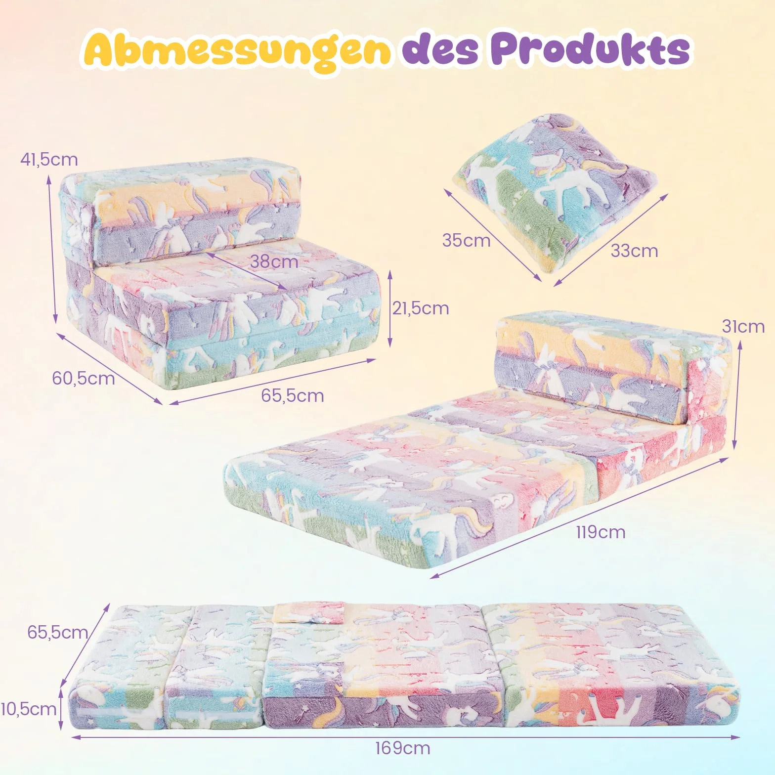 COSTWAY Sofa dziecięca 3 w 1 świecąca w ciemności, składany fotel z poduszką i zdejmowanym pokrowcem, wyściełana sofa do zabawy z funkcją spania do pokoju dziecięcego, kolorowy
