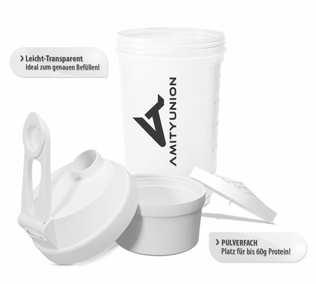 Shaker proteinowy FYRA 700 ml z pojemnikiem - shaker proteinowy bez BPA z sitkiem i skalą do shake'ów serwatkowych i BCCA, siłownia kubek fitness izolat dieta sport, (Biały)