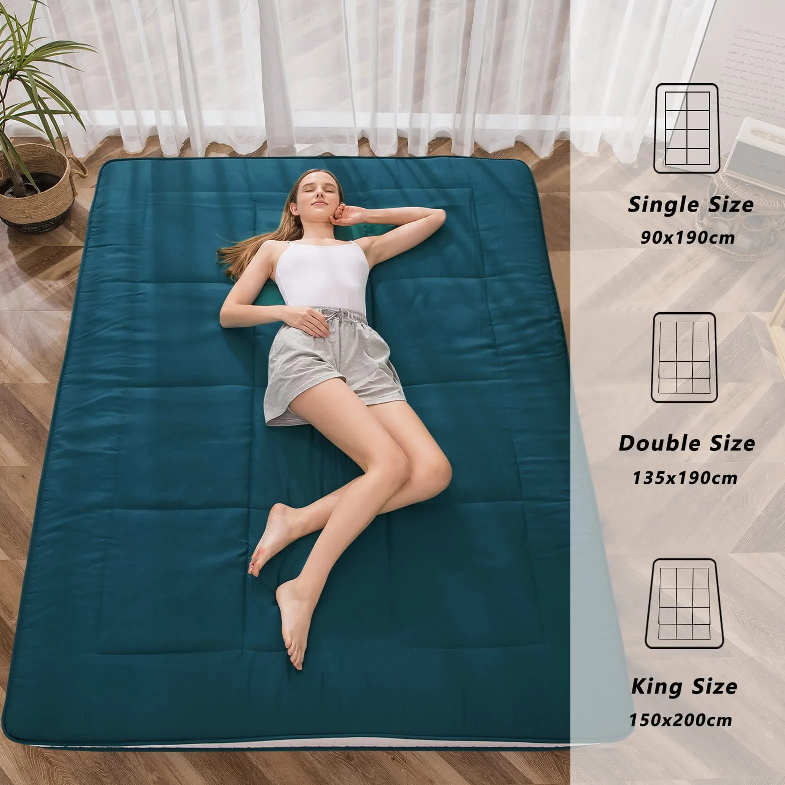 MAXYOYO Futon Materac - Wyściełany Japoński Materac Podłogowy, Pikowany, Bardzo Gruby Składany, Oddychający Leżak, Łóżko dla Gości (Bluestone, Podwójny)