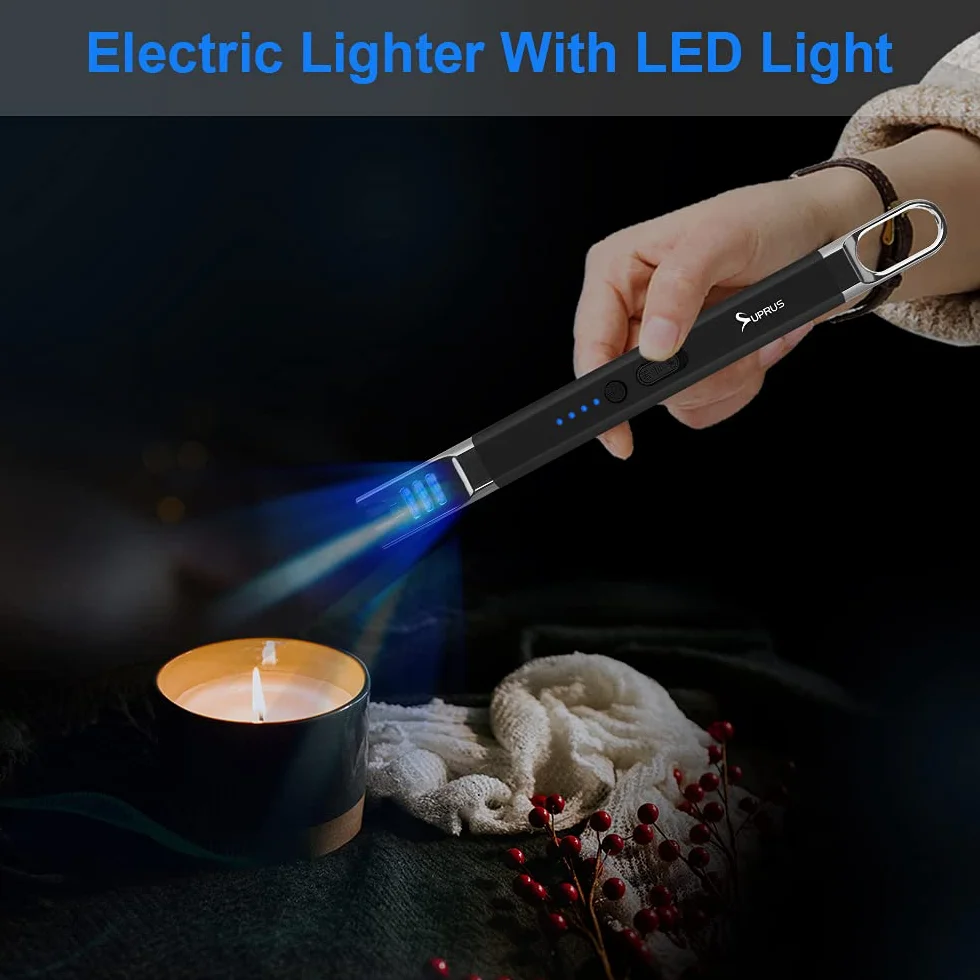 SUPRUS Zapalniczka do świec elektryczna, z łukiem świetlnym, wiatroszczelna, bezpłomieniowa, do ponownego ładowania przez USB z oświetleniem LED, na kemping, grillowanie, gotowanie (czarna)