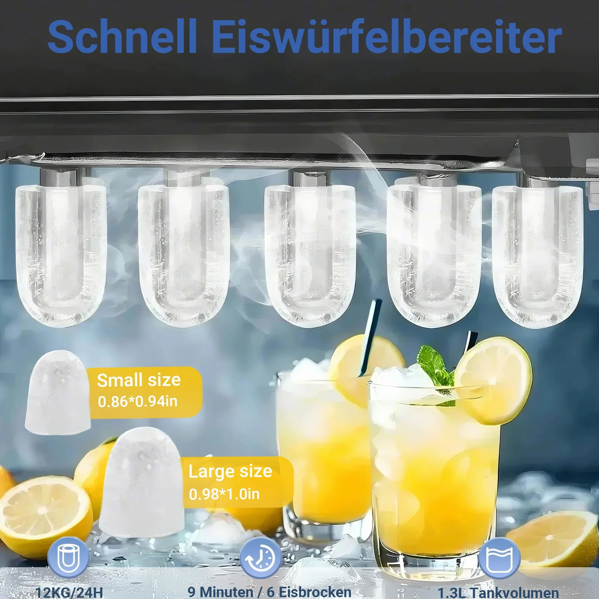 Mała kostkarka do lodu Ice Maker Cicha - 2 rozmiary kostkarki do lodu typu bullet Mini 9 kostek w ciągu 6 minut Gotowa kostkarka do lodu z przenośnym uchwytem do biura, kempingu i na imprezę (Czarny1)