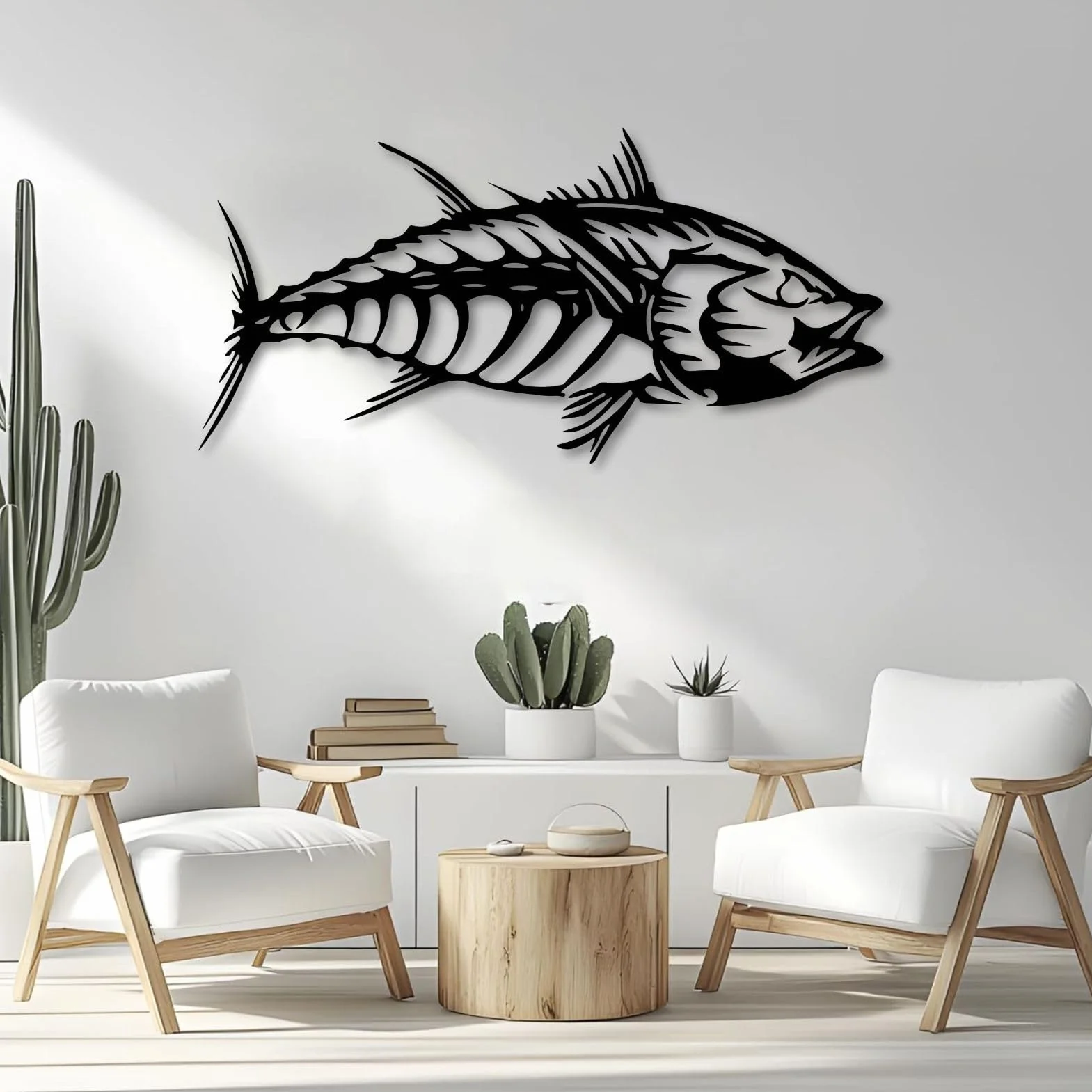 Metalowa dekoracja ścienna w kształcie tuńczyka i ryby, styl morski, do łazienki, salonu, sypialni, jadalni (czarny, 121 x 59 cm, szerokość 48 cali x wysokość