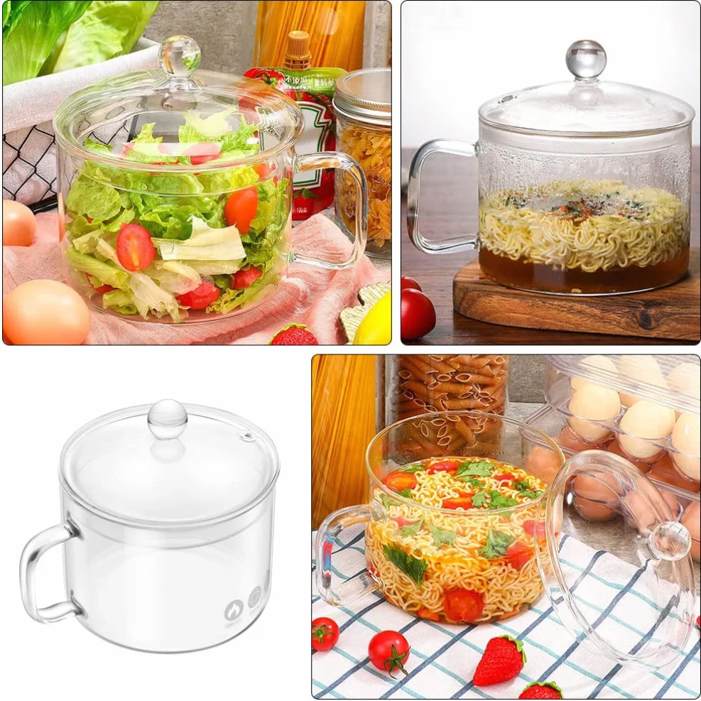 SHERCHPRY Ramen Miska Szklany Garnek, Szklana miska do zupy z pokrywką i uchwytem, przezroczysty szklany garnek Ramen, szklane naczynia do makaronu, makaronu, zupy, płatków śniadaniowych, owoców, przezroczysta, 14 cm, szklany garnek do ramenu