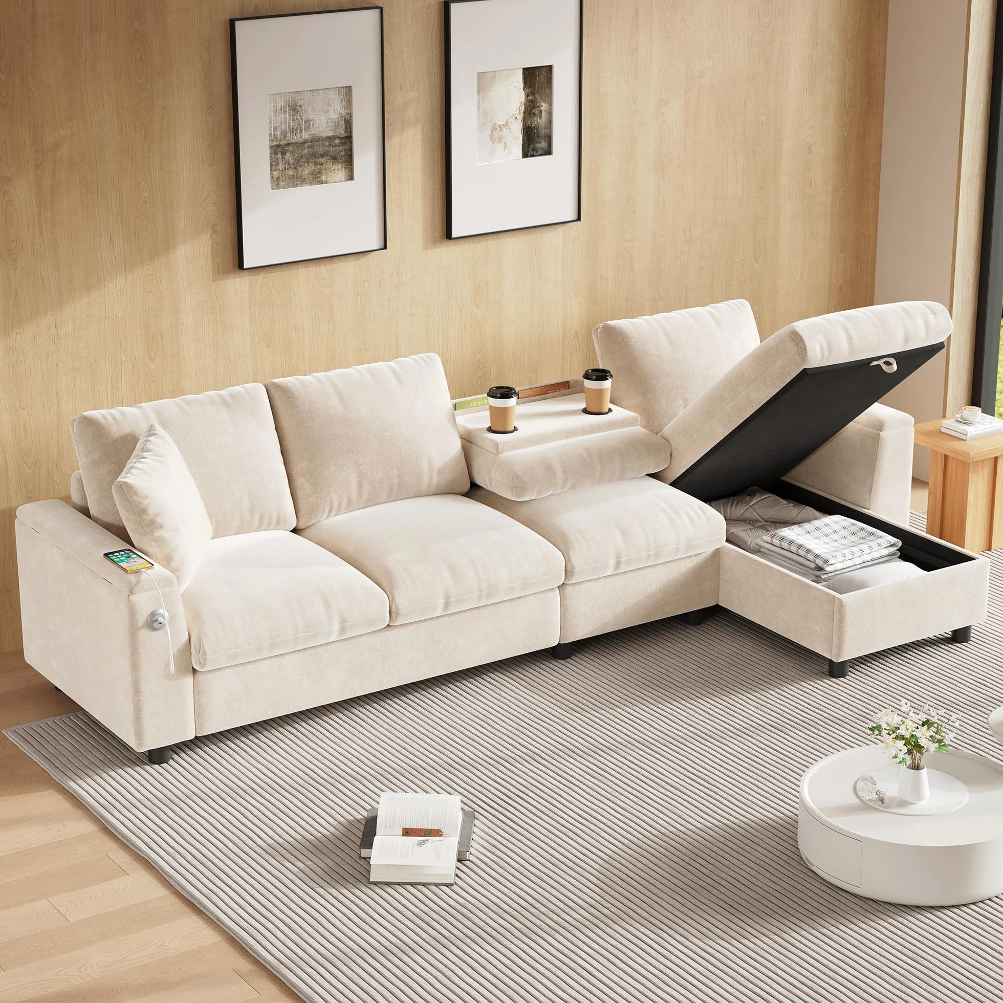 Sofa narożna L z funkcją spania, szenilowa, z miejscem do przechowywania + stolik kawowy, USB-C