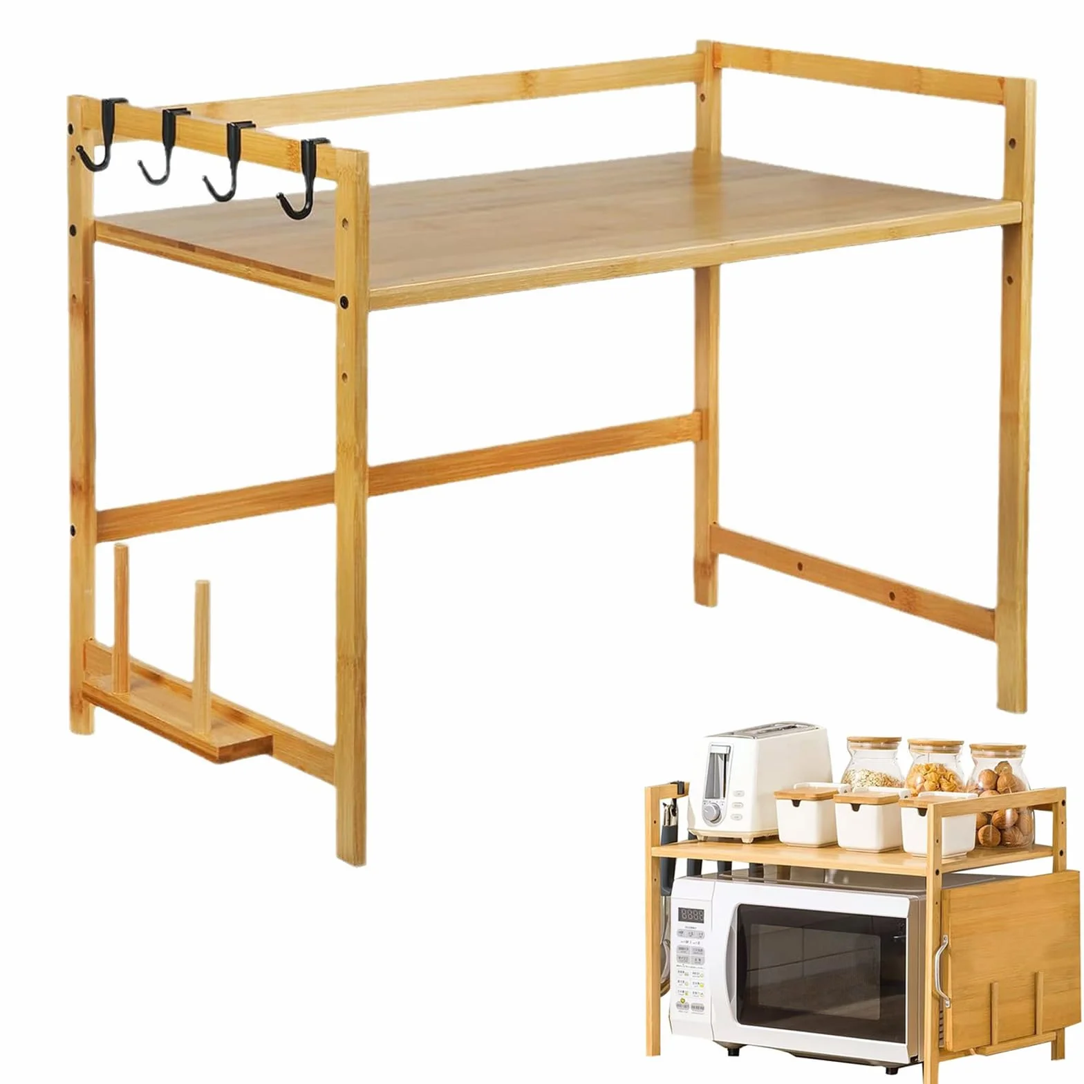 2-poziomowy bambusowy stojak na kuchenkę mikrofalową z haczykami i stojakiem na deskę do krojenia, regulowany, wolnostojący, do kuchni, rustykalny minimalistyczny design, oszczędność miejsca