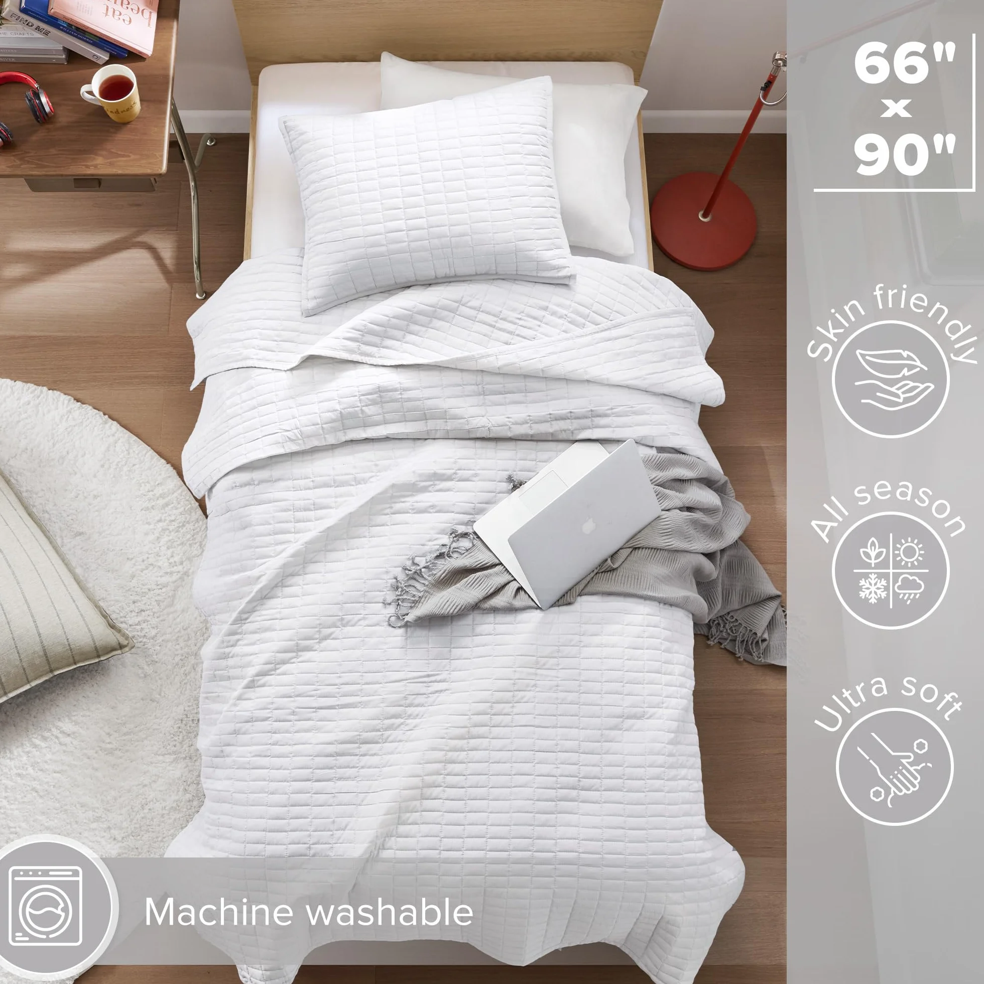 Comfort Spaces Kienna Quilt Set Double Sided Stitching White Twin/Twin XL 2 Piece