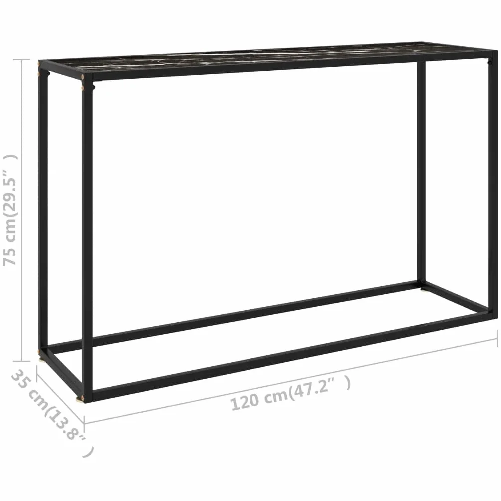 Stolik konsolowy, czarny, 120 x 35 x 75 cm, szkło hartowane o wyglądzie marmuru, stal malowana proszkowo, stolik pomocniczy do salonu, korytarza, sypialni, stabilny stół do odkładania