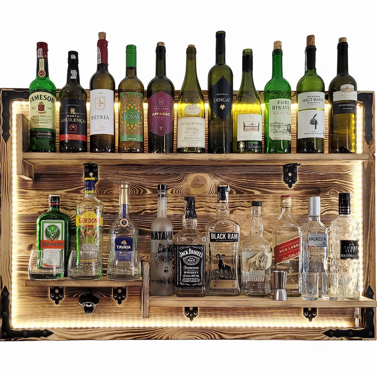 weeco Regał wiszący na ścianie, oświetlenie LED, rustic alkoholowy stojak, regał ścienny, stojak na whisky