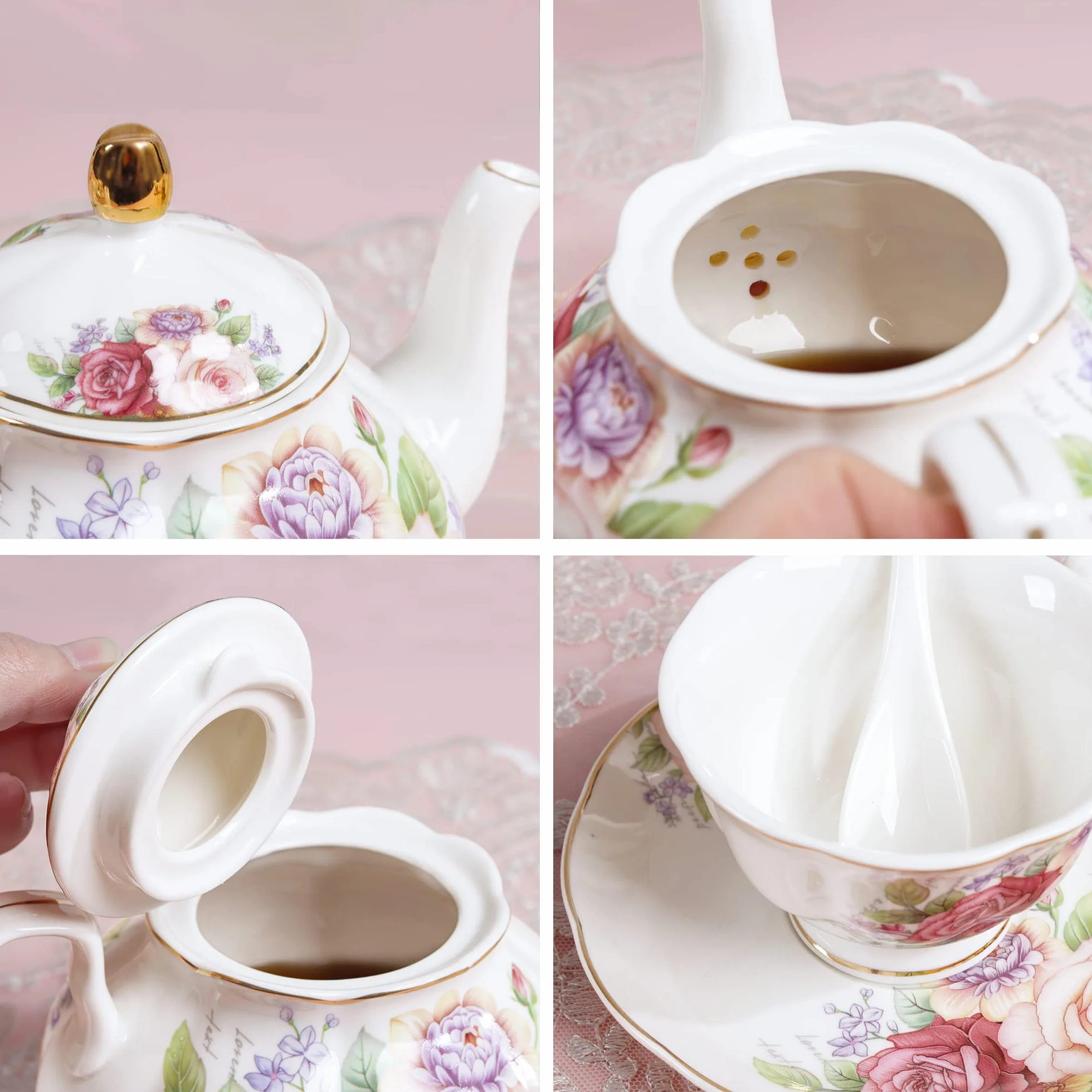 fanquare Europejski porcelanowy zestaw do kawy, różowy zestaw do herbaty dla kobiet, zestaw do herbaty z porcelany kostnej, vintage kwiatowy dzbanek do kawy i herbaty z kubkami