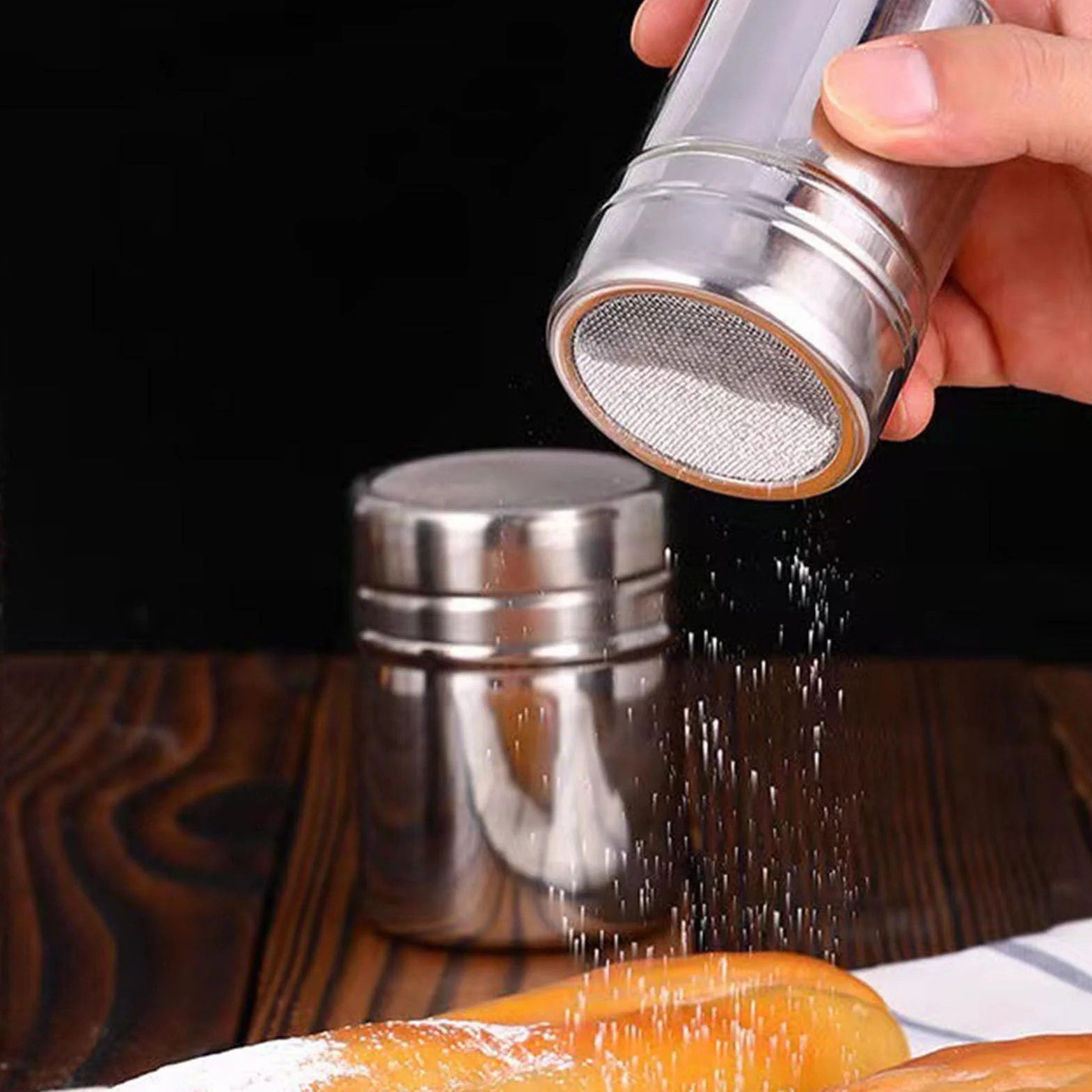 Shaker do Cukru ze Stali Nierdzewnej, Shaker do Cukru Cynamonowego, Przesiewacz do Mąki, Shaker do Cukru Pudru ze Stali Nierdzewnej, Shaker do Cukru Pudru z pokrywką. Sito do