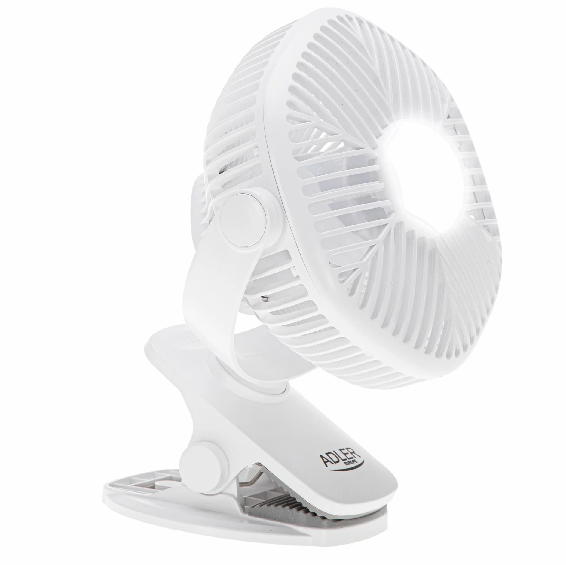 ADLER EUROPE Wentylator stołowy z akumulatorem i zaciskiem - Wentylator USB z oświetleniem LED - 3 prędkości i możliwość obrotu o 360° - Wentylator z zaciskiem 15,3 x 10,5 x 19,9 cm - Biały