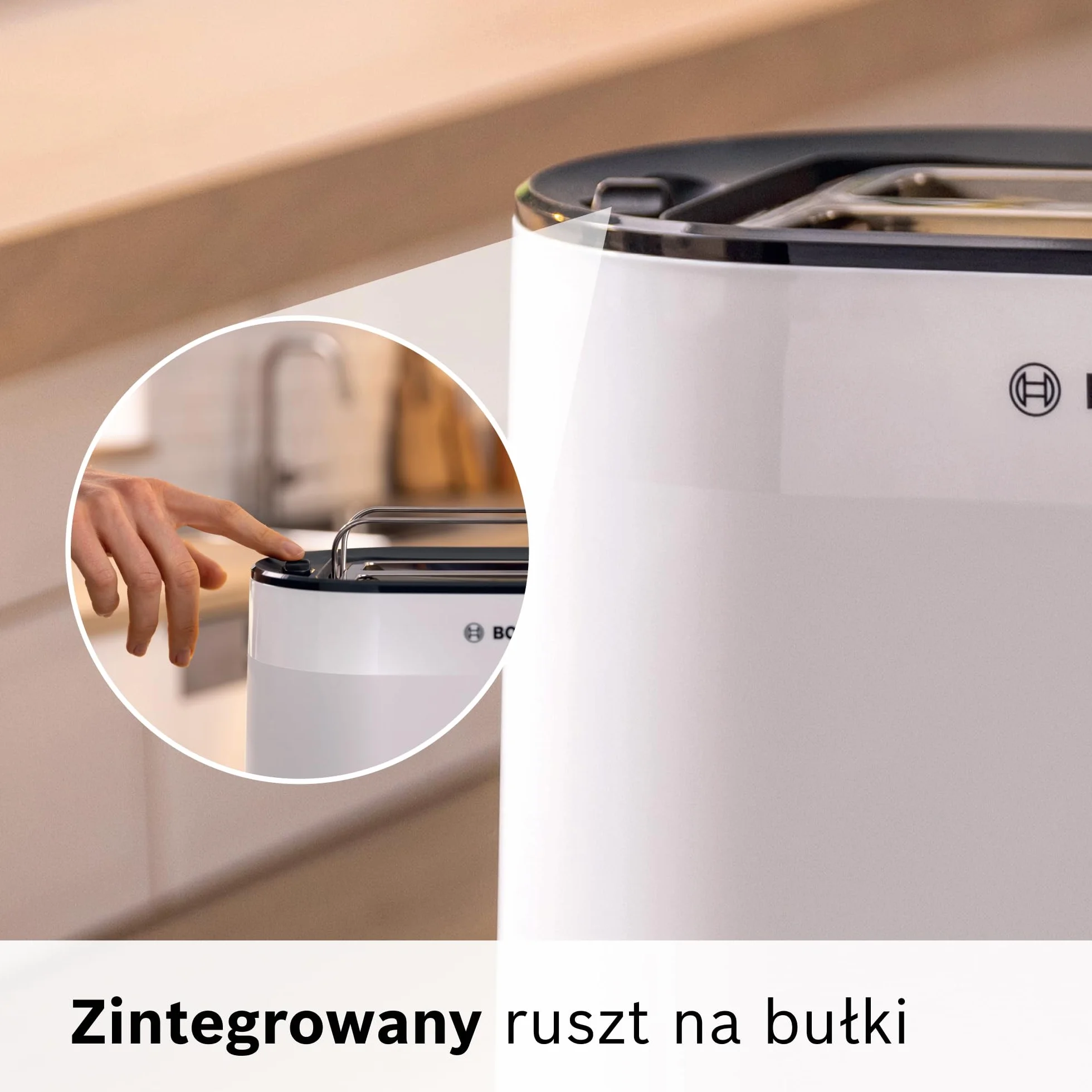 Bosch, toster, MyMoment, pojemnik na 2 kromki, podgrzewanie, rozmrażanie, ruszt na bułki, funkcja wysokiego podnoszenia, automatyczne wyłączanie, biały, TAT2M121