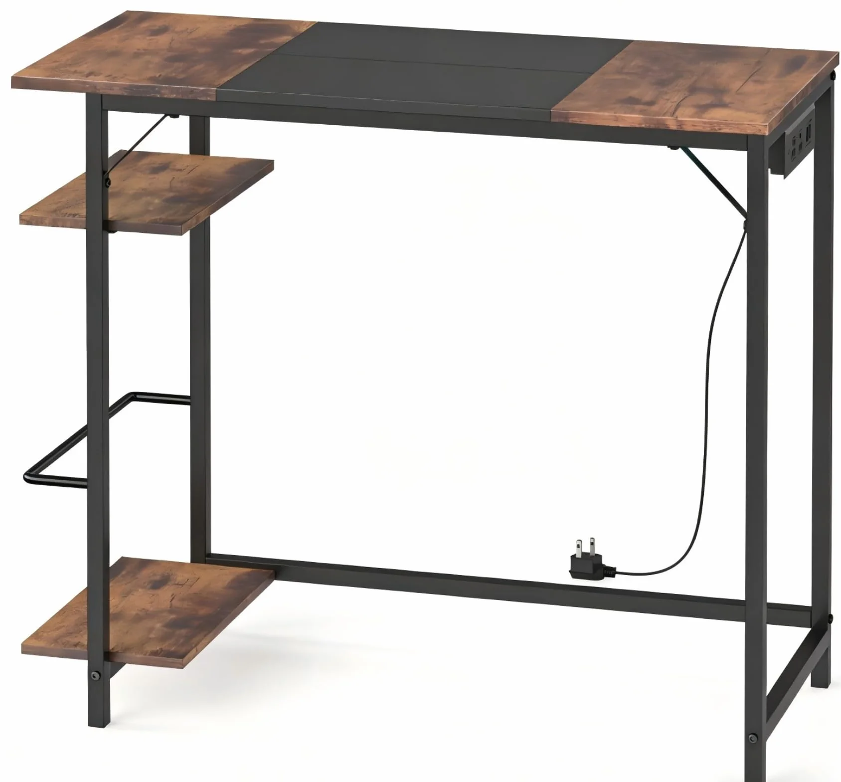 HOOBRO Biurko komputerowe 90 x 40 x 77 cm ze stacją ładującą, przemysłowe biurko dwukolorowe z półkami, do biura, gabinetu, salonu, sypialni, vintage brązowego i czarnego EBF43CDN01