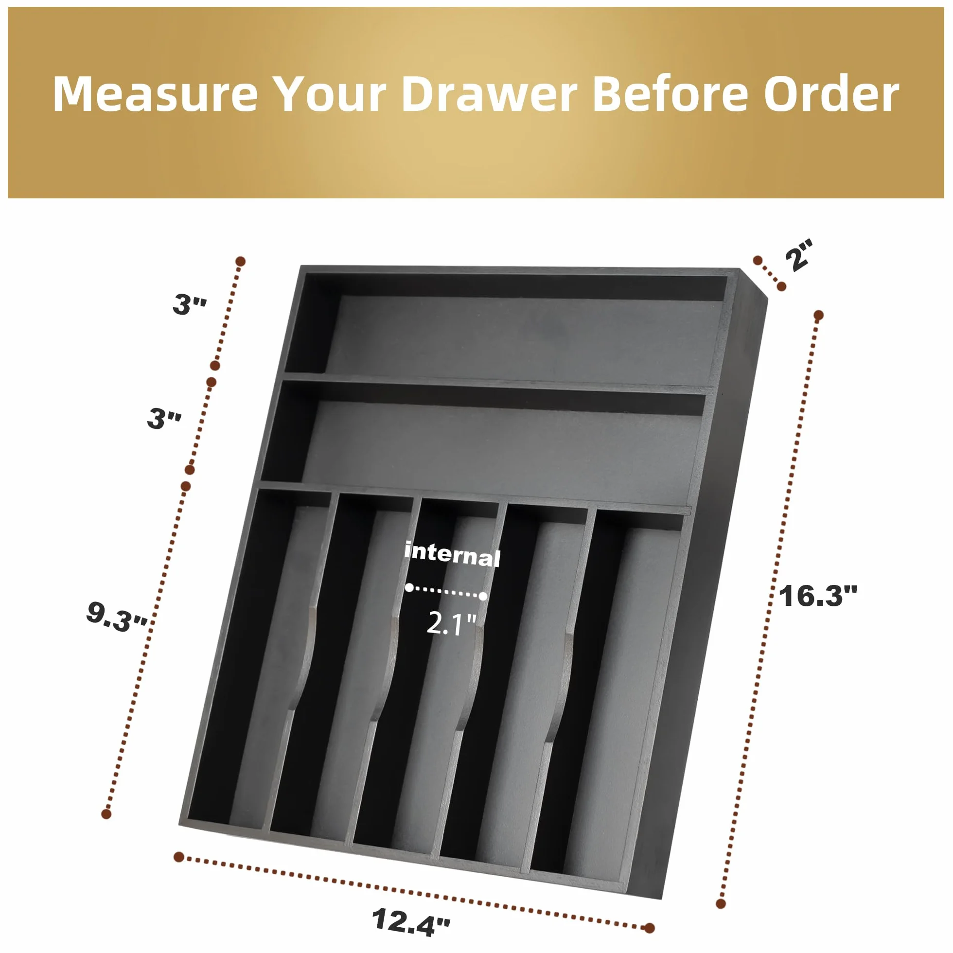 Besilord Organizer na sztućce 33 cm czarny bambusowy organizer do szuflady kuchennej, 7 przegródek, organizer na przybory, uchwyt na sztućce, organizer na sztućce, taca na sztućce