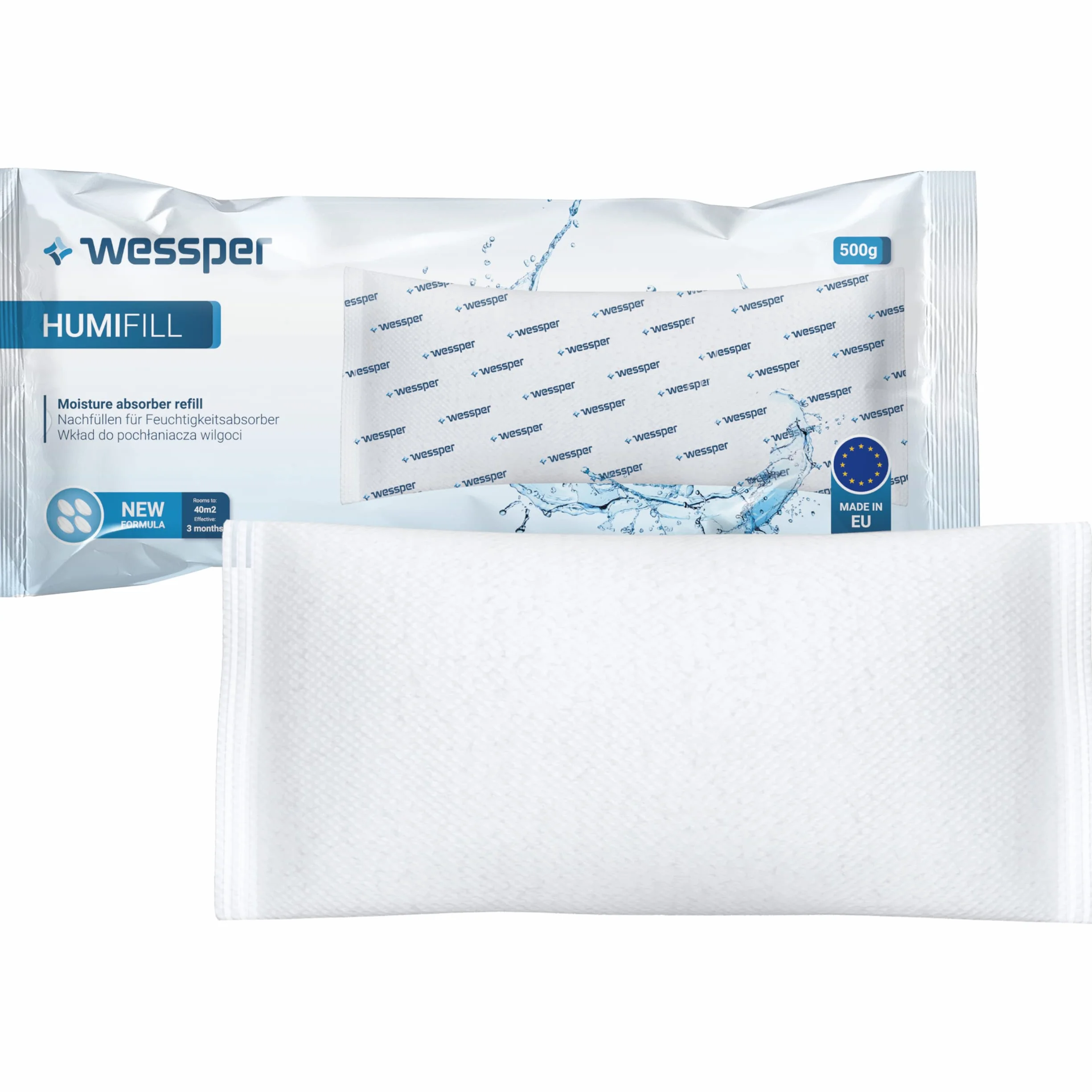 Wessper Zestaw 1x Pochłaniacz Wilgoci, 1x Saszetka Granulatu do Osuszacza 500 g | Wkłady ultrachłonne | Zmniejszenie Wilgotności dla pomieszczeń o powierzchni 40 m²
