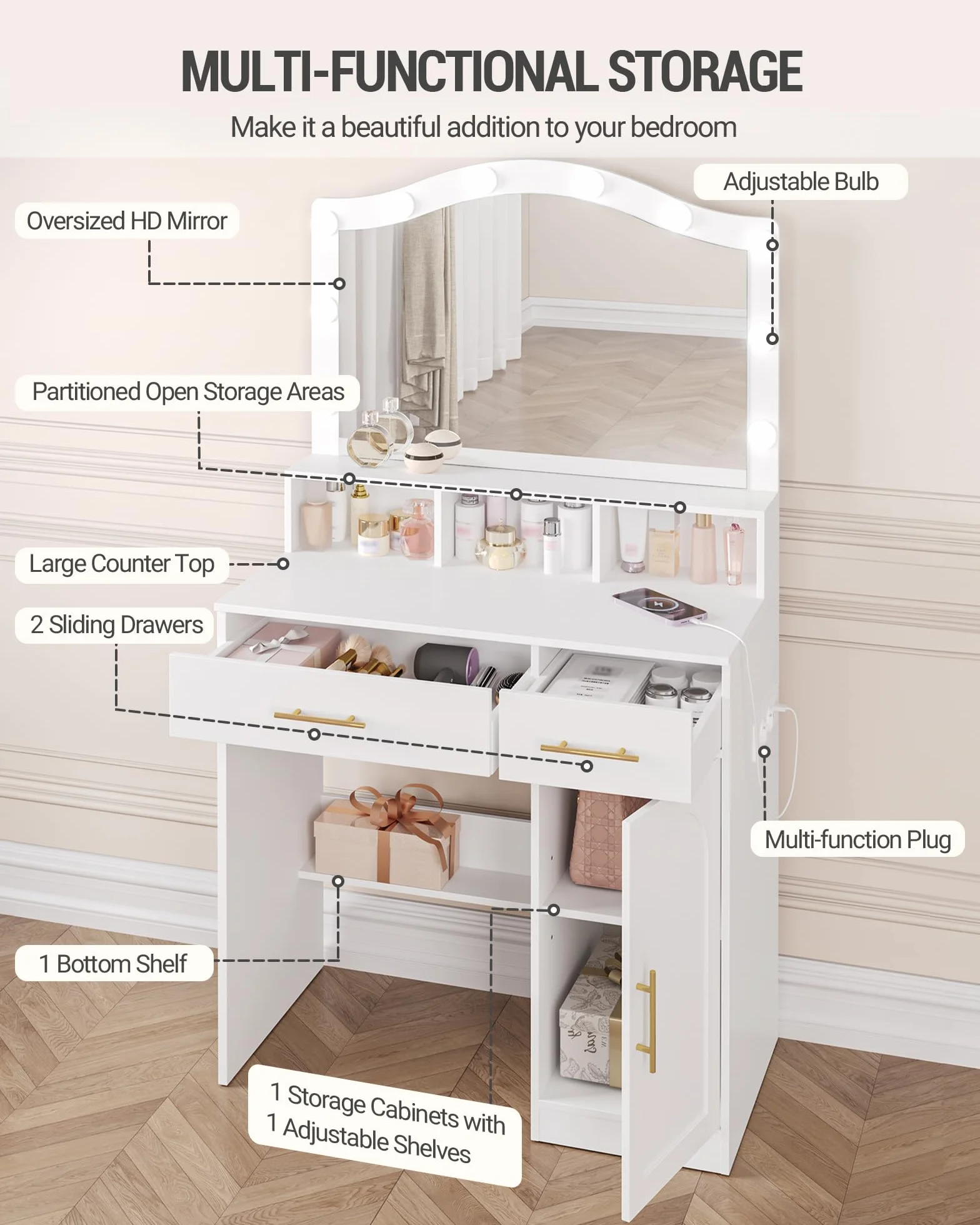 Hzuaneri Vanity, DużE Lustro Hd, 3-Kolorowe Regulowane śWiatłA Led, Ze Stacją łAdująCą, 2 Gniazdami Ac I 2 Portami Usb, 2 Szufladami I 1 Szafką Do Przechowywania, BiałO-ZłOta DT361HDT