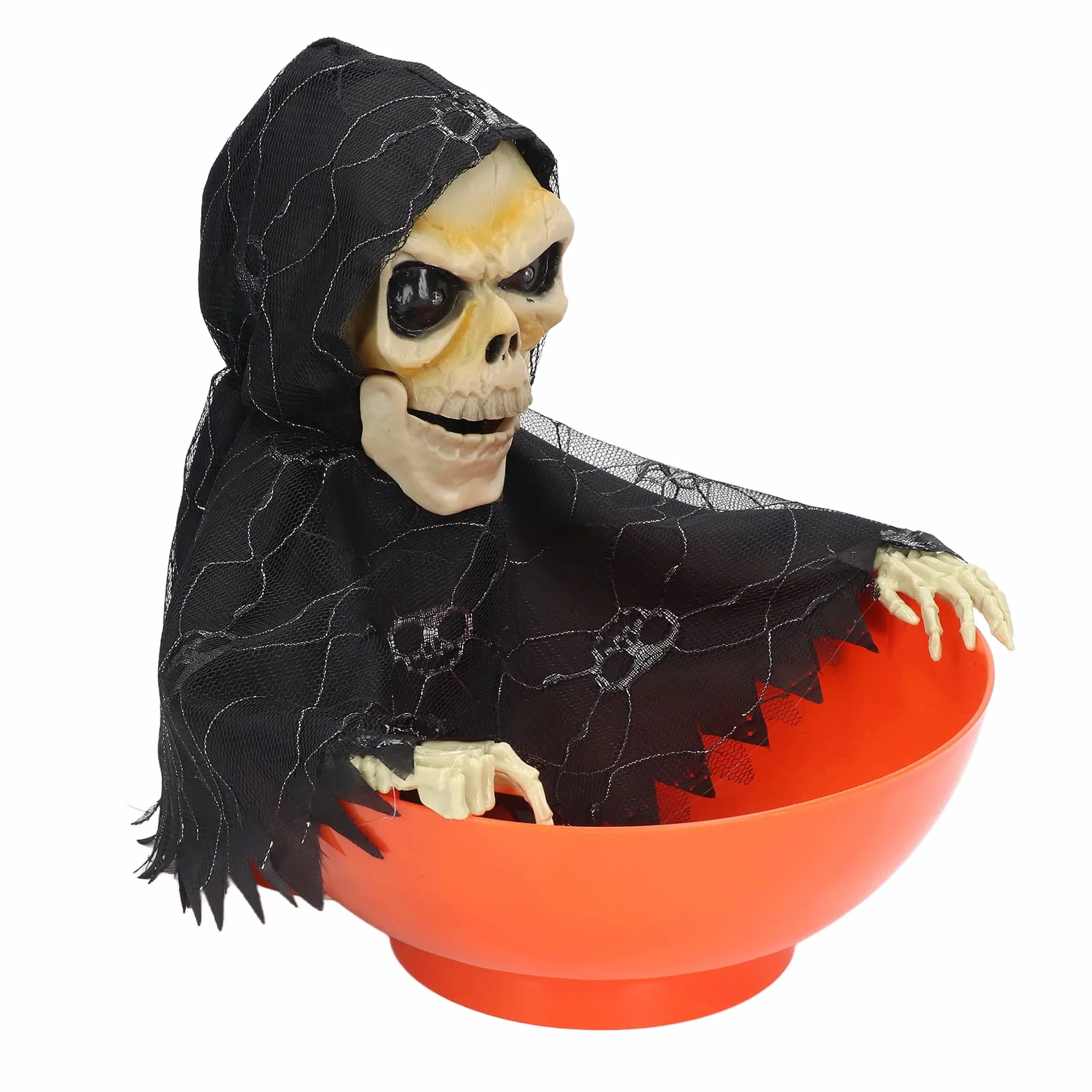 Halloween Candy Bowl z ruchomymi animowanymi cukierkami szkieletowymi, krzyczącym uchwytem na czaszkę i świecącymi oczami dla przerażającego wystroju