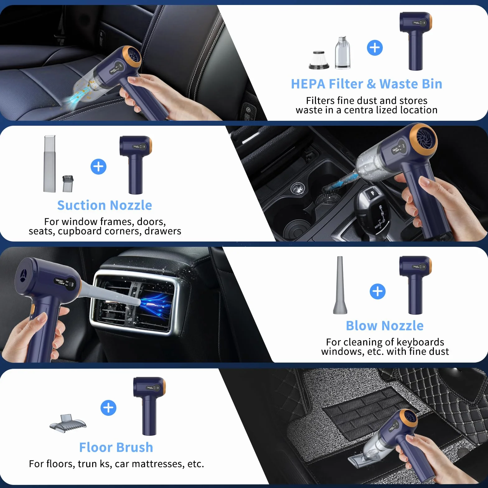 Bezprzewodowy Odkurzacz Ręczny, 15000PA Odkurzacz Samochodowy, Mini Odkurzacz Ręczny 3 W 1, Wyświetlacz LED, Przenośny Ładowanie USB, Do Samochodu, Domu, Biura, Dywanów, Czyszczenia Sierści Zwierząt