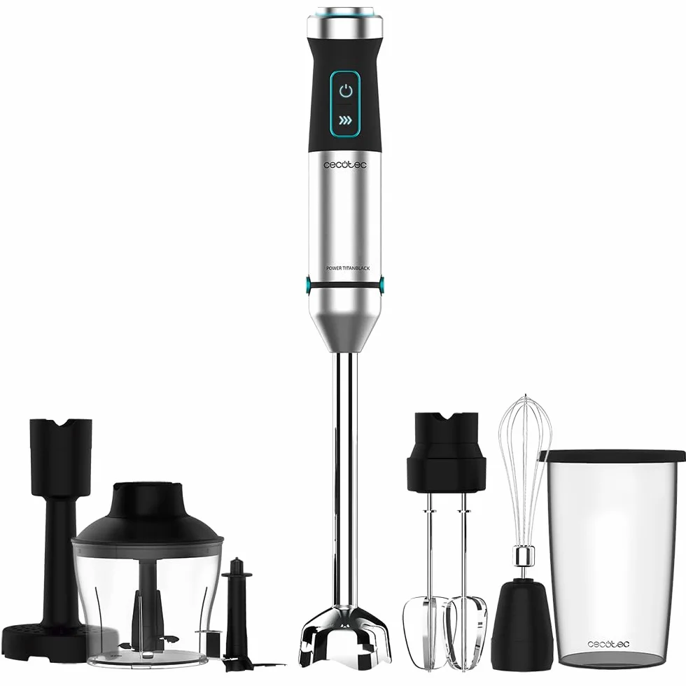 Cecotec Blender ręczny Power Pulsar 2300 MAX. Maksymalna moc 2300 W, 4 ostrza z czarną powłoką tytanową, stopą XL, szklanką 700 ml z pokrywką, prętami i rozdrabniaczem z wylewką lodu