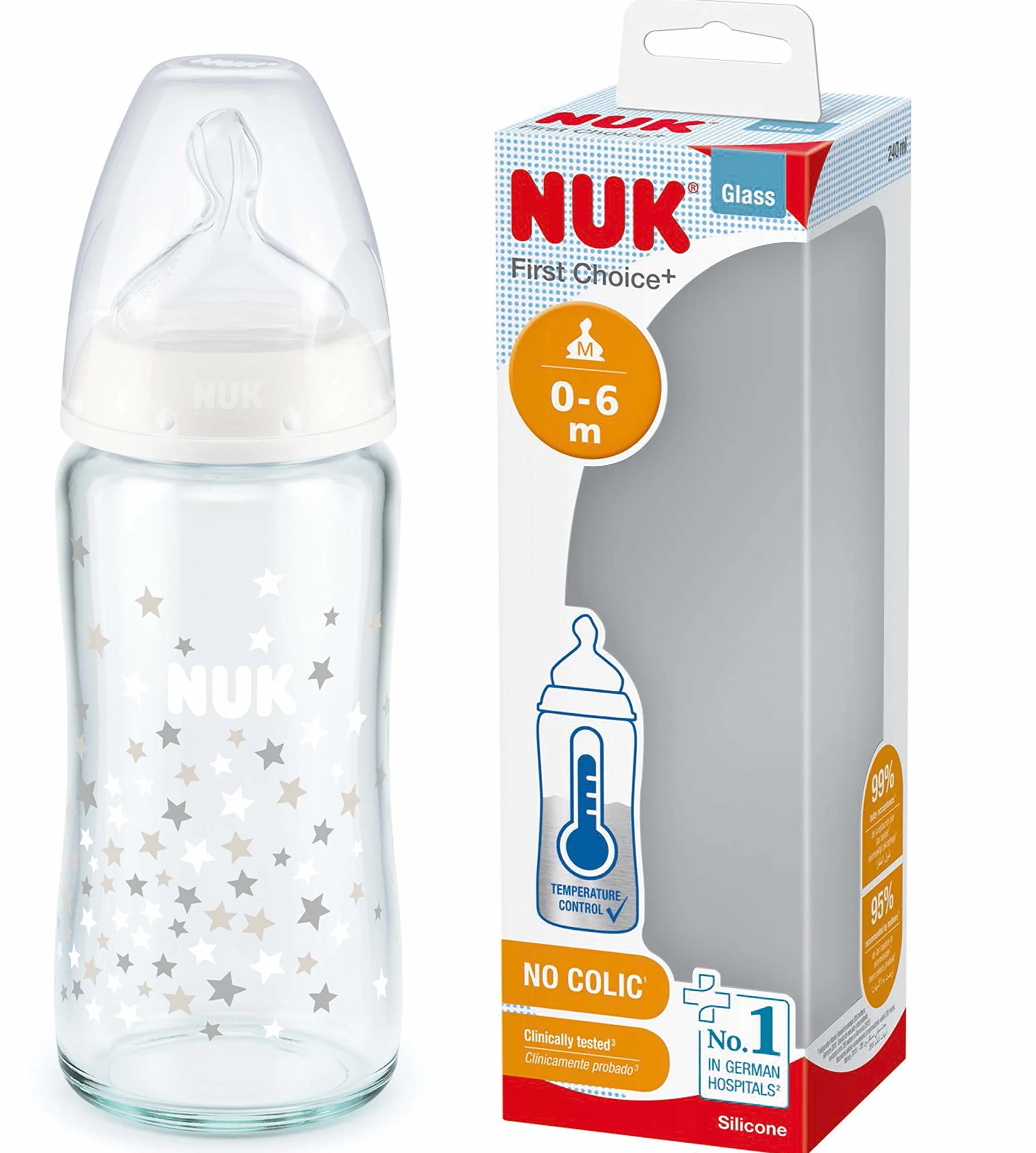 NUK Pierwszy wybór + szklana butelka dla niemowląt | 0-6 miesięcy, kontrola temperatury, silikonowy smoczek, zawór antykolkowy, bez BPA, 240 ml