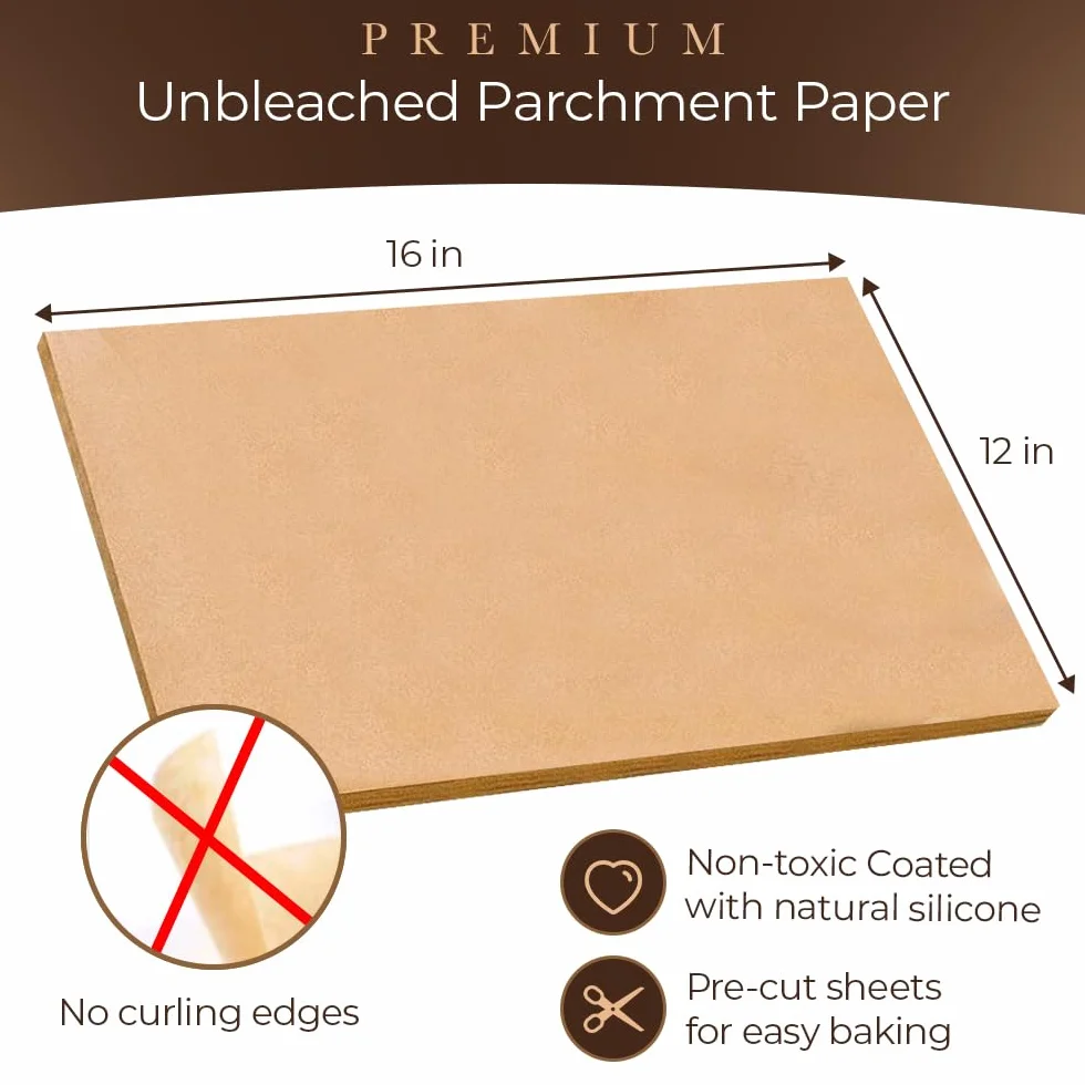 Arkusze papieru pergaminowego (300) wg - Premium 30 x 16 cm, niebielone - wstępnie przycięte, nieprzywierające, wodoodporne, odporne na tłuszcz - opakowanie uzupełniające do wielokrotnego