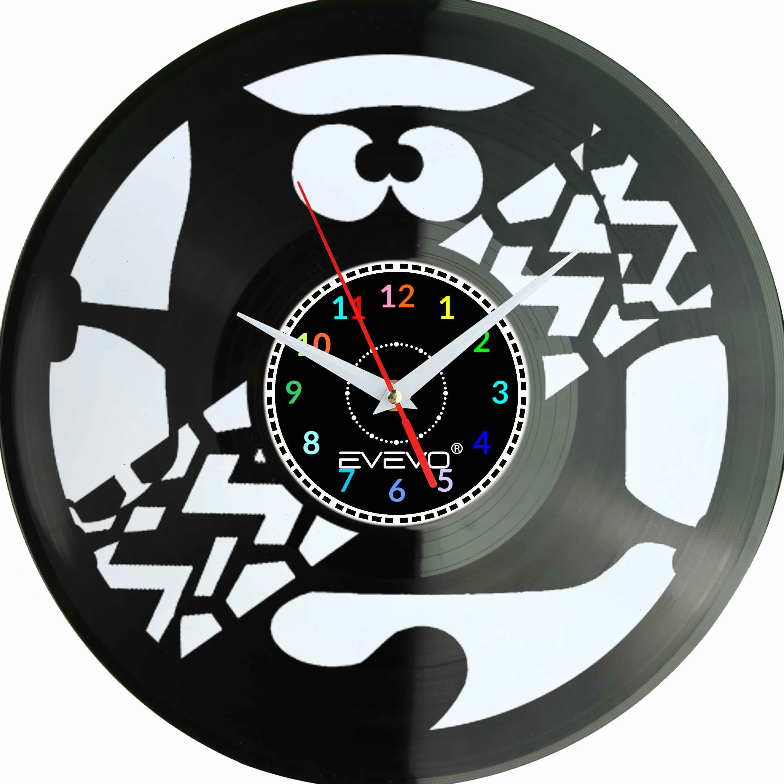KOT KICIUŚ KOTEK MRUCZEK ZEGAR ŚCIENNY FLUORESCENCYJNE TŁO PŁYTA WINYLOWA PREZENT UPOMINEK URODZINY SOUVENIR EVEVO F0031