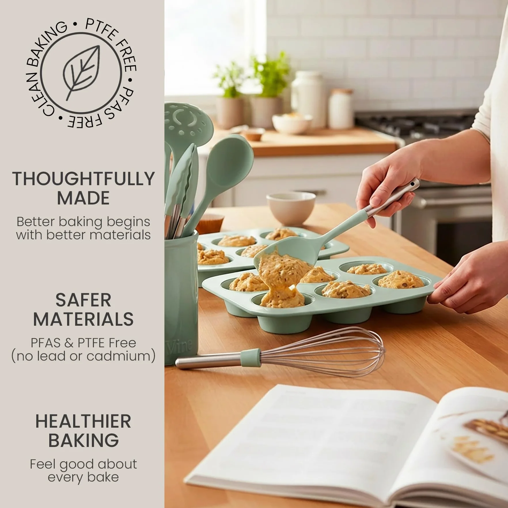 Larder & Vine Zestaw do pieczenia – bez PFAS/PFOS/PTFE, wytrzymała stal aluminiowa z ceramicznym wykończeniem, zawiera blachy, bochenek, puszki na muffiny, okrągłą patelnię, patelnię kwadratową,
