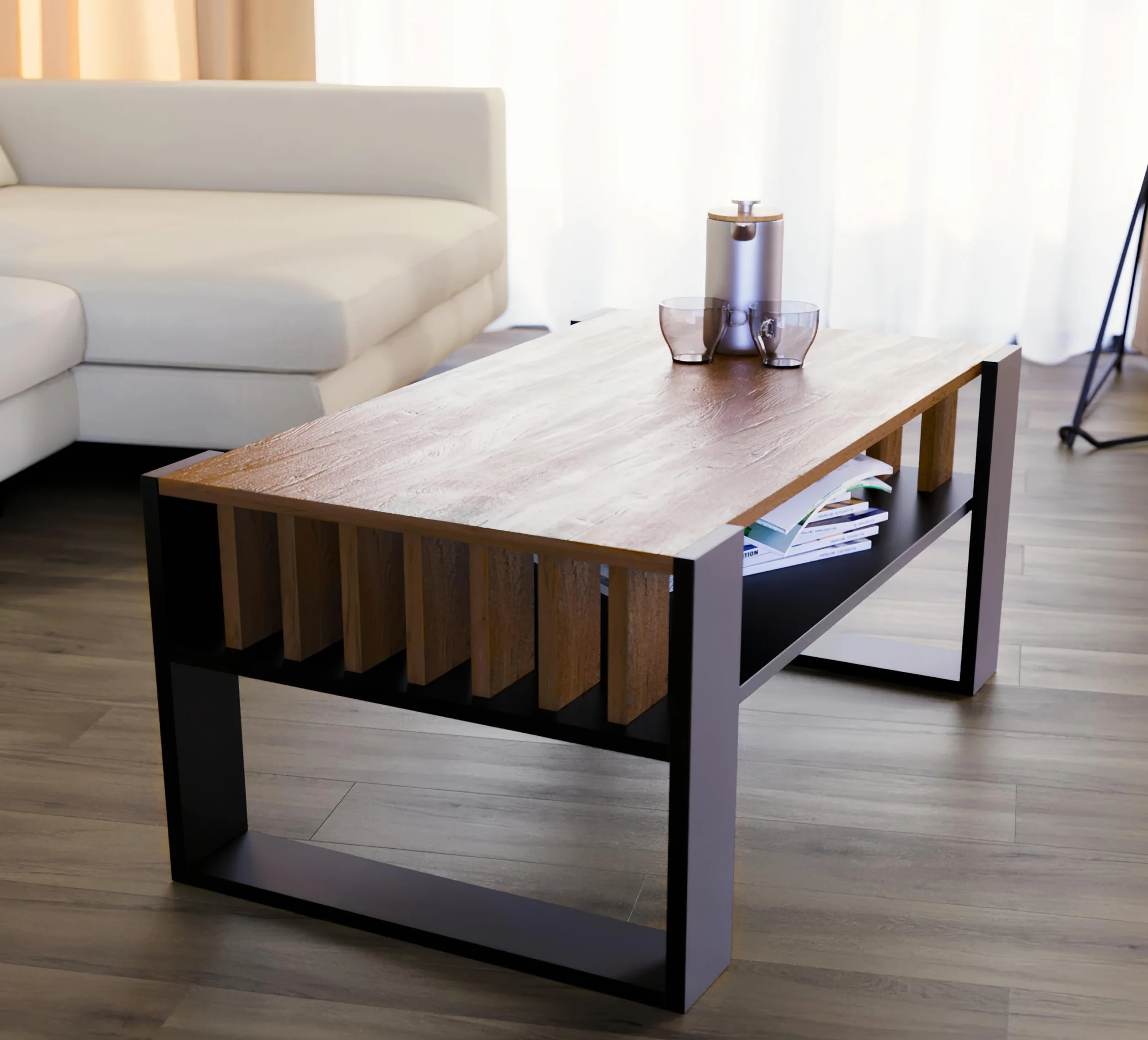 defiPad® Nowoczesny stolik kawowy z lammelami, szerokość 92 cm, duży stół do salonu, dąb | lity i stabilny | kolor czarny