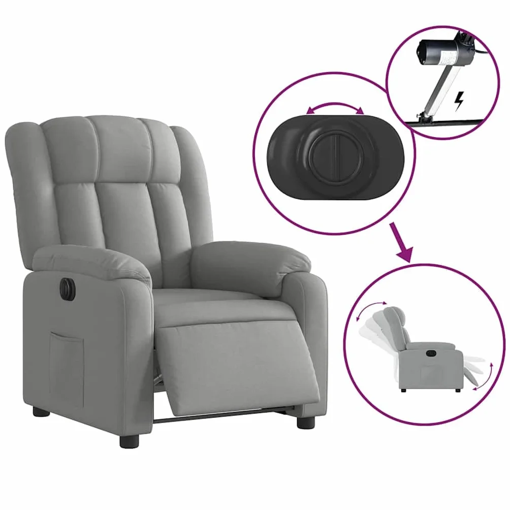 Fotel relaksacyjny, elektryczny, jasnoszary, materiał z funkcją leżenia, regulowany, wygodne siedzisko z podłokietnikami, metalowa i drewniana rama, ergonomiczny do salonu, kącika do czytania