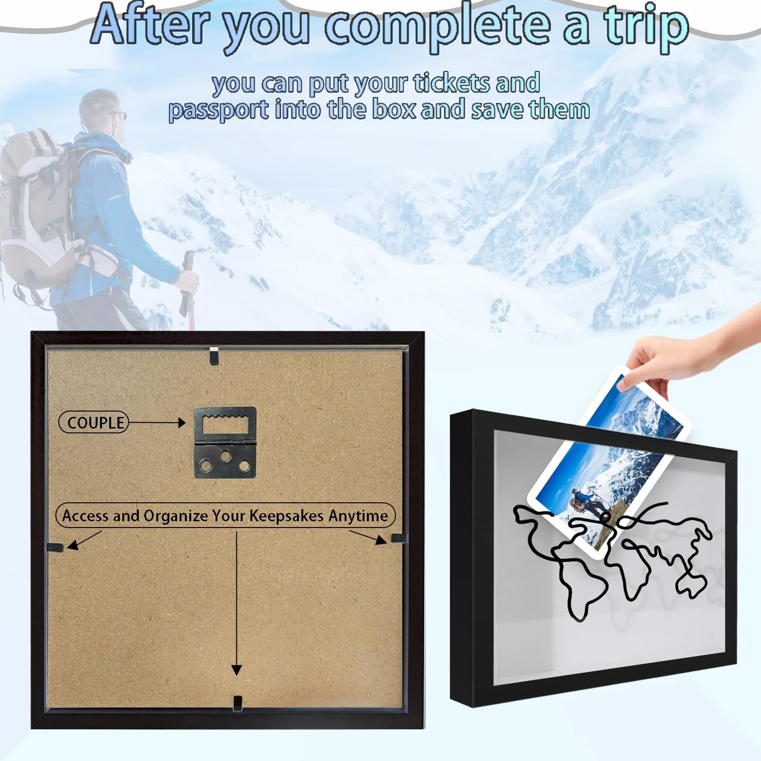 Duży rozmiar 20 cm Adventure Archive Box Frame | Czarne pudełko z pamięcią podróżną do zbierania biletów, drewniana rama, podróżna skrzynka na bilety | ramka Shadow Box do filmu, sportu i różnych