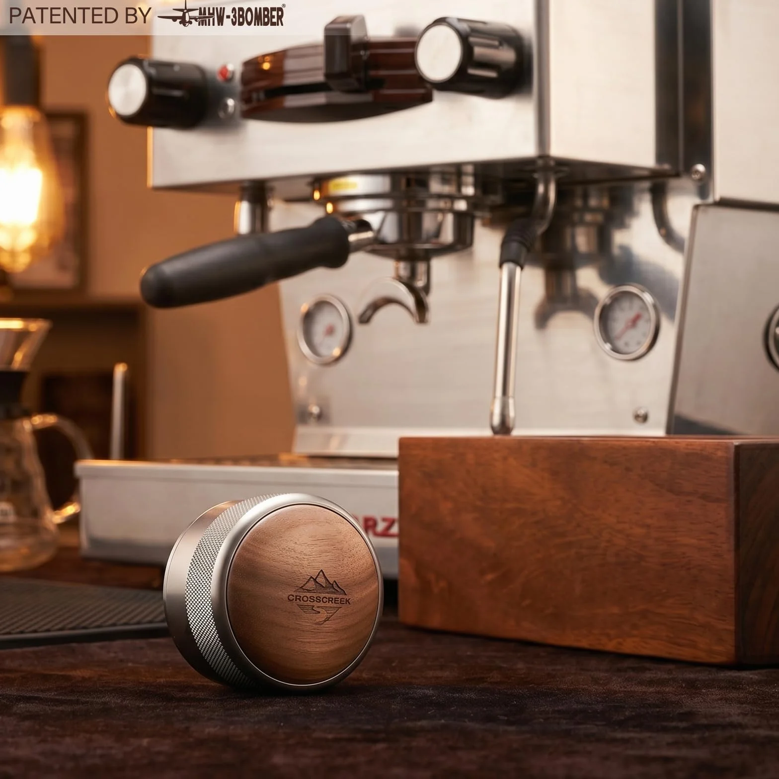 CrossCreek Dystrybutor espresso 58 mm, regulowana głębokość pasuje do wszystkich portafiltrów do espresso 58 mm, Breville/Rancilio/La Marzocco, narzędzia do dystrybucji ze stali nierdzewnej i orzecha