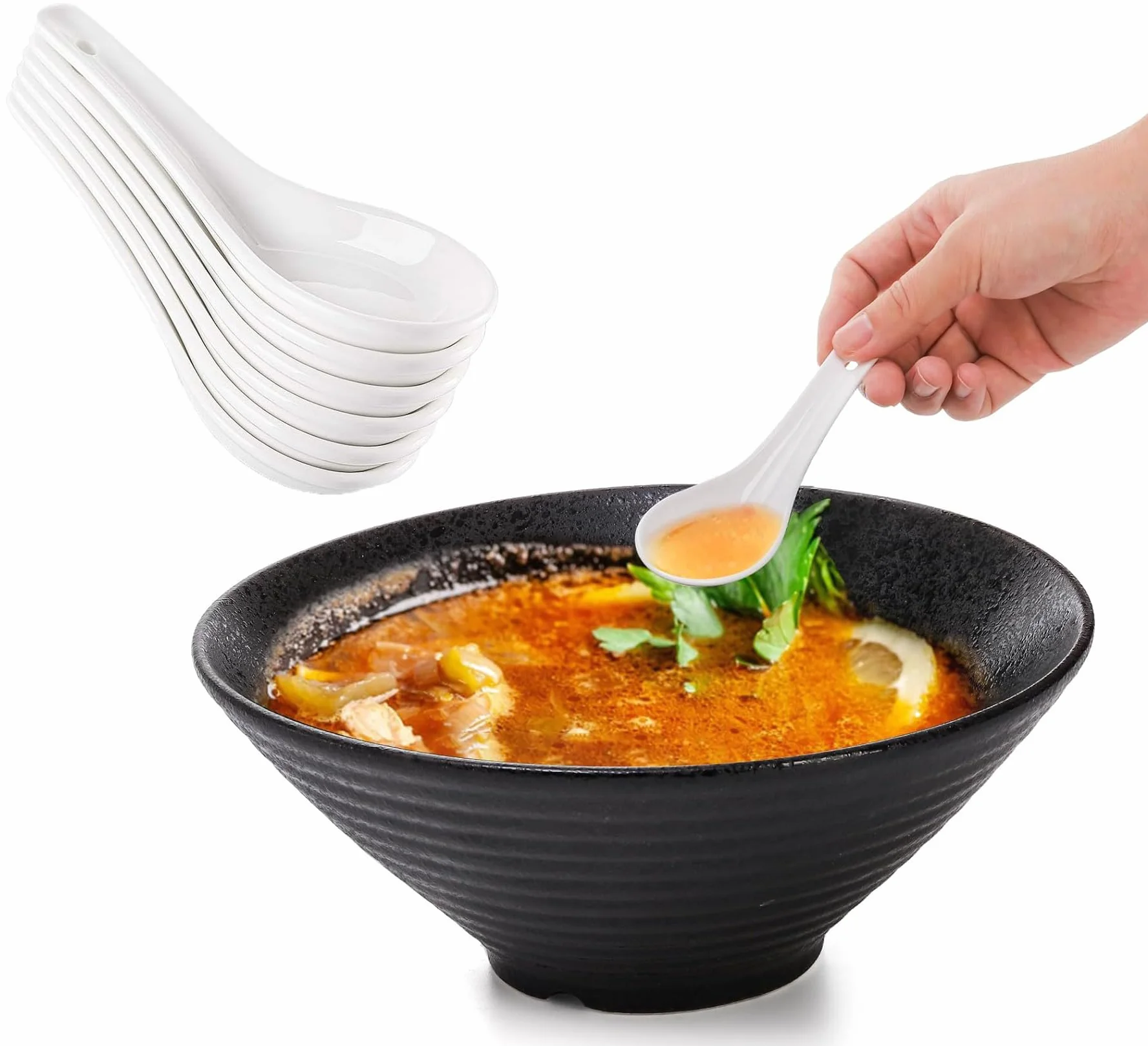 LATRAT 6 x ceramiczne łyżki do zupy, łyżki do zupy, zestaw łyżek porcelanowych, łyżki do serwowania miski ryżu, ramen, przystawki, deser, biały