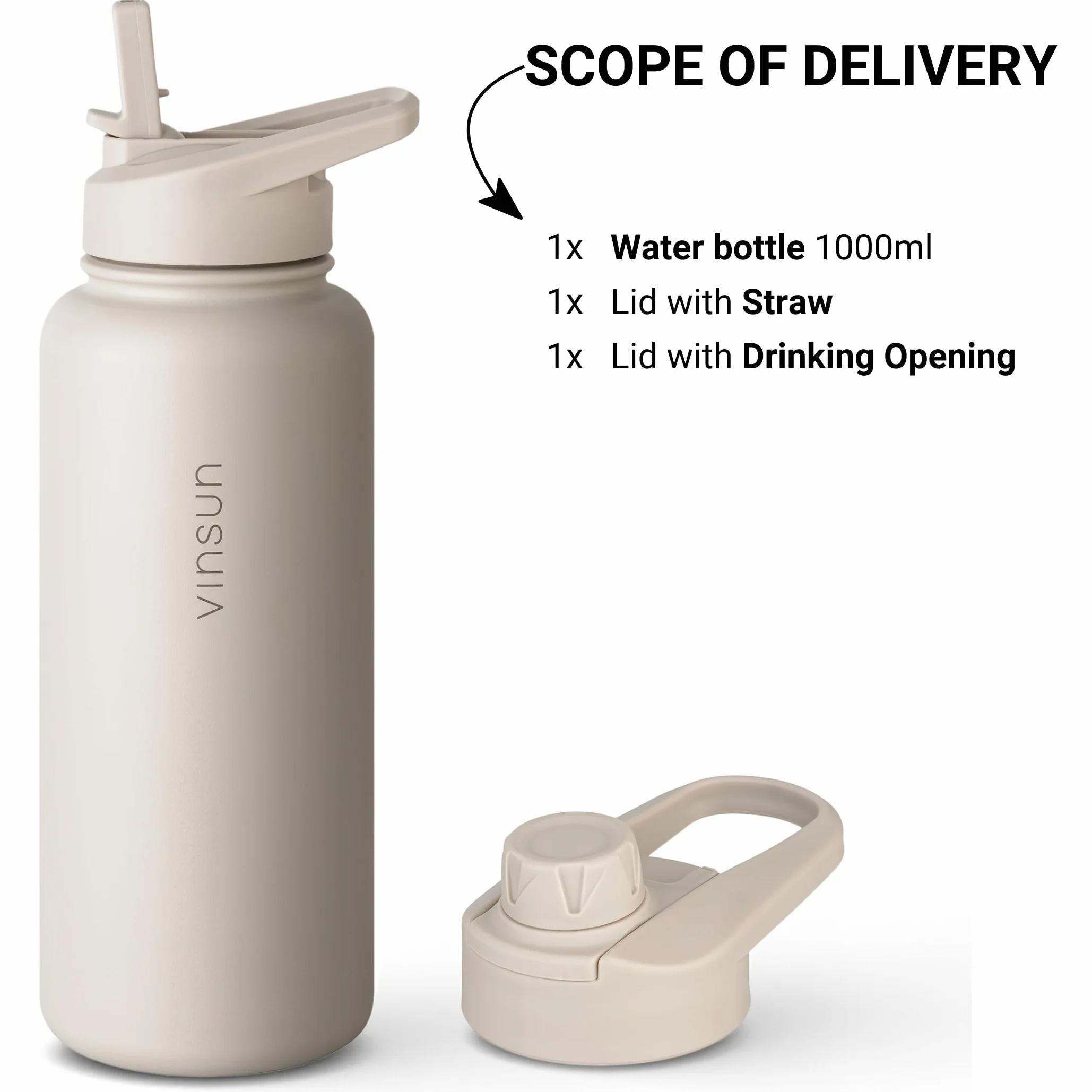 VINSUN Butelka do picia, stal szlachetna, 1 l / 750 ml, słomka lub otwór do picia, szczelna, do napojów gazowanych, bez BPA, termos do uprawiania sportu, do szkoły, biura, na rower