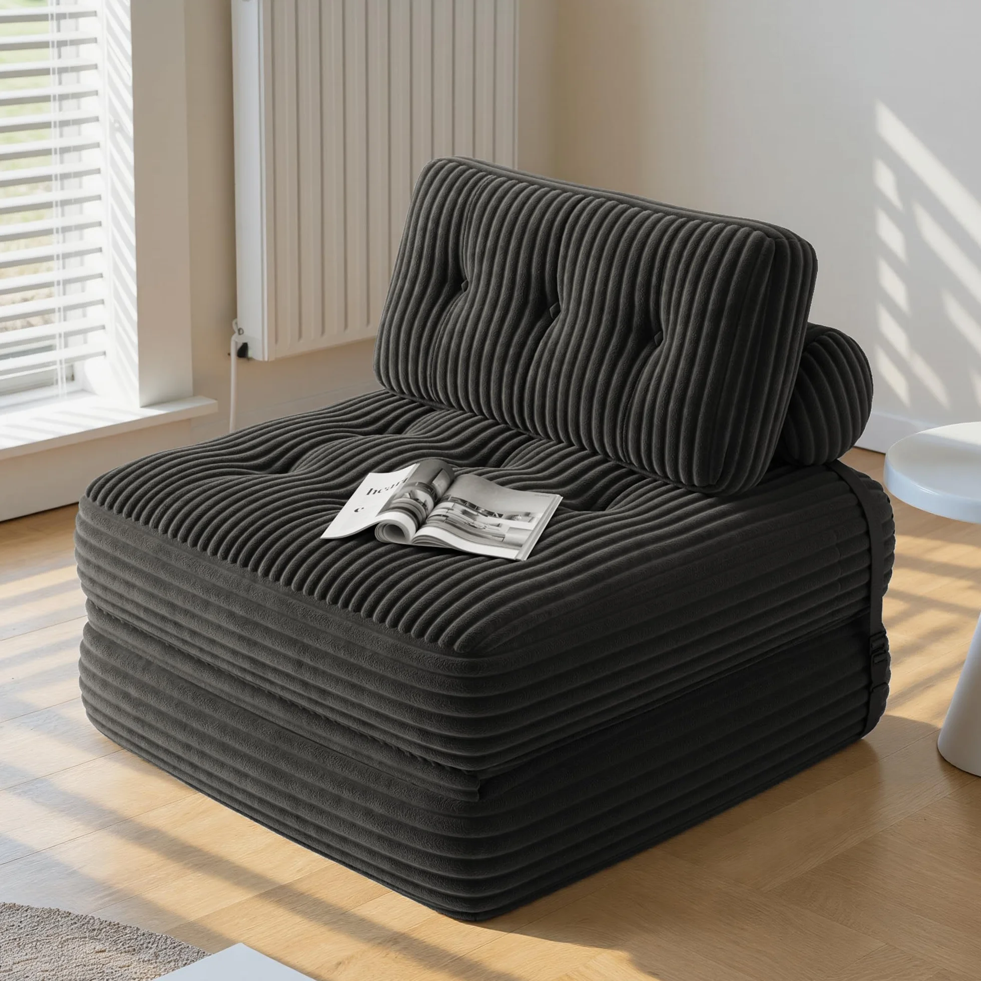 Xbro Składana sofa rozkładana z oparciem, przenośny fotel rozkładany w łóżku 2 w 1 do małych przestrzeni, sztruksowa tkanina z wypełnieniem piankowym, 190 x 85 cm rozłożony (czarny)