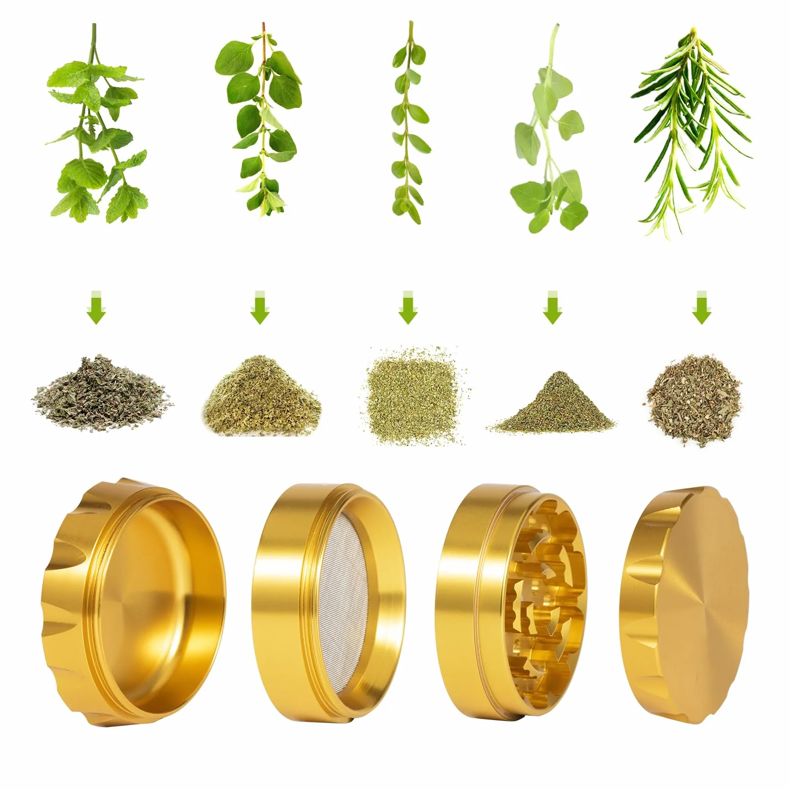 Młynek do ziół, PPpanda Grinder for Dry Herb Przenośny młynek metalowy ze stopu cynku, złoty, 5x4cm