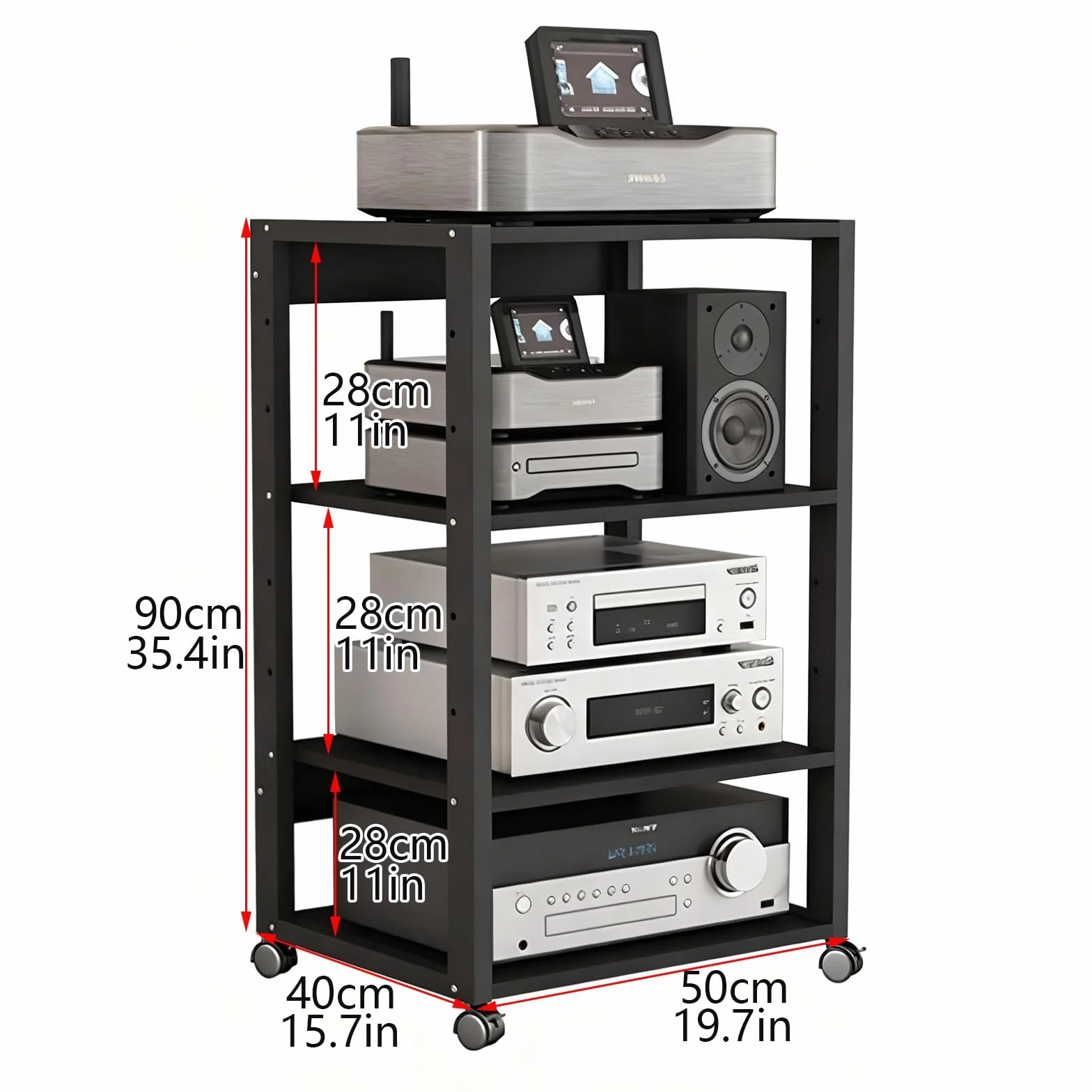 Regulowany 4-poziomowy stojak multimedialny AV, szafka na konsolę odtwarzacza płyt muzycznych z metalową ramą, stojak stereo na komponenty rozrywkowe, brązowy, 50 x 40 x 90 cm