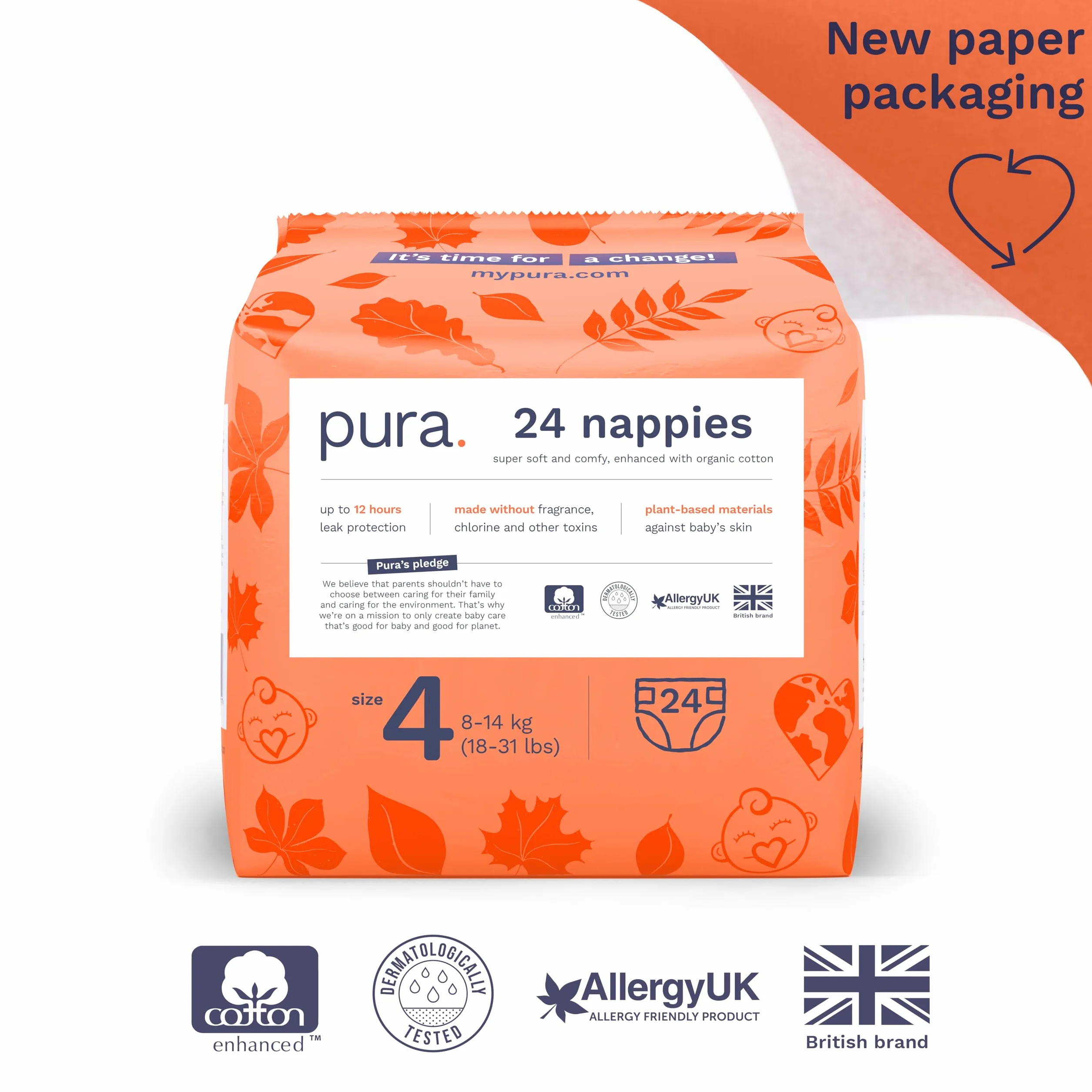 Pura Ekologiczne pieluchy dla niemowląt, rozmiar 4 (8-14 kg, 18-31 funtów), 1 opakowanie (24 pieluszki), ultramiękkie pieluchy dla skóry wrażliwej, bawełna organiczna, ochrona przed wyciekiem do 12