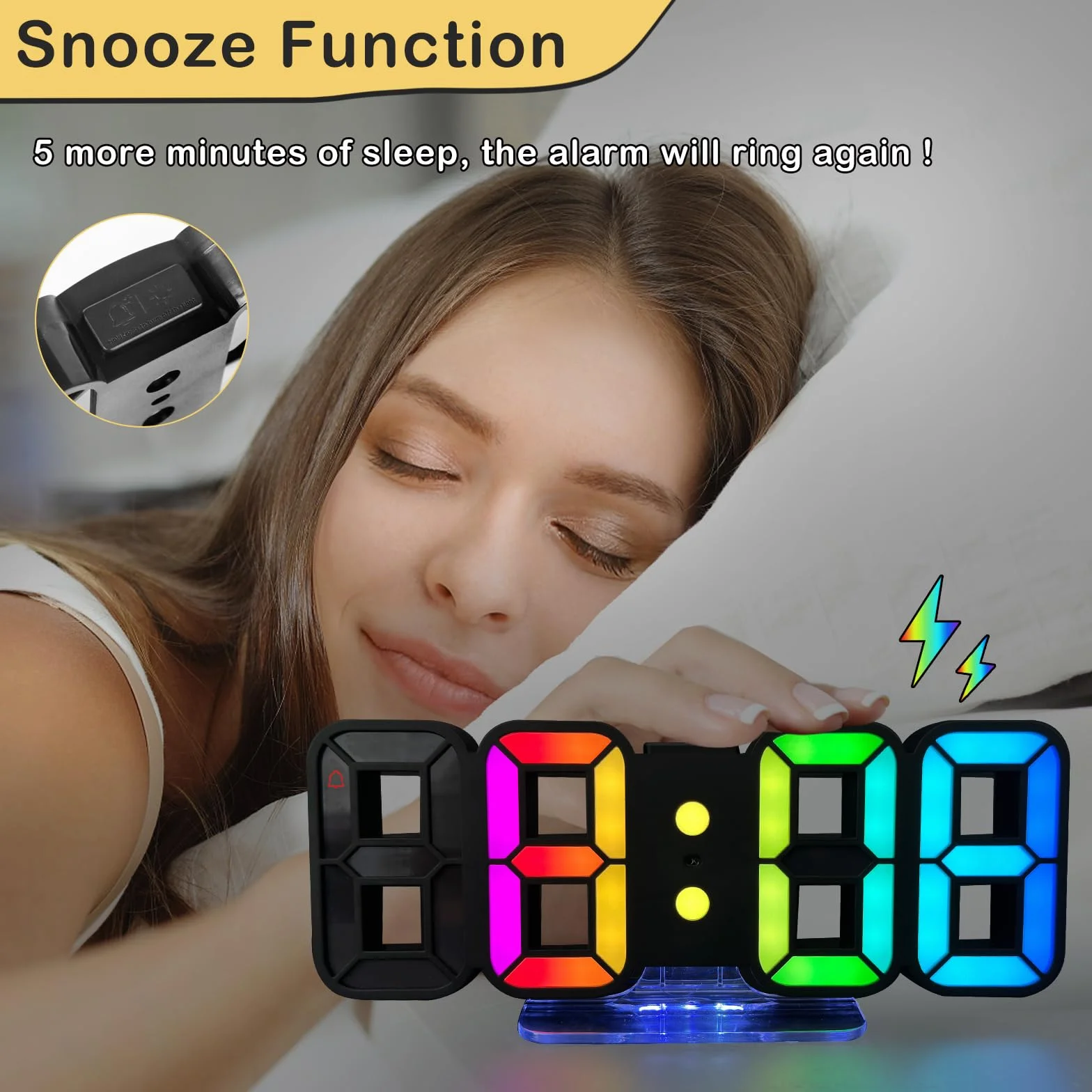 Seutgjie Cyfrowy budzik 3D LED, zegar stołowy/zegar ścienny, zegar cyfrowy, 14 kolorów RGB, 12/24 godziny, 3 ustawienia jasności, tryb nocny, tryb drzemki z pilotem zdalnego sterowania, czarny