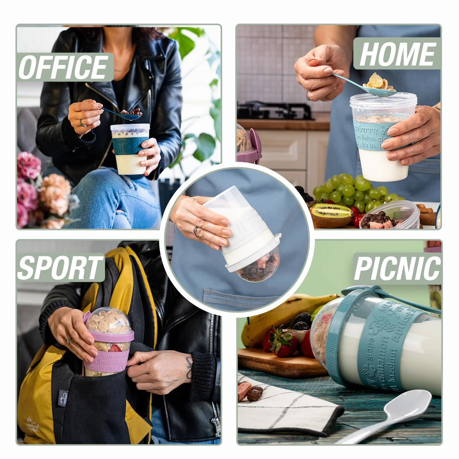 EYNEL 4-pak On The Go Kubki na jogurt i płatki śniadaniowe, pokrywki, łyżka, pojemnik na owoce, wielokrotnego użytku, parfait, dzbanek na mleko, granola