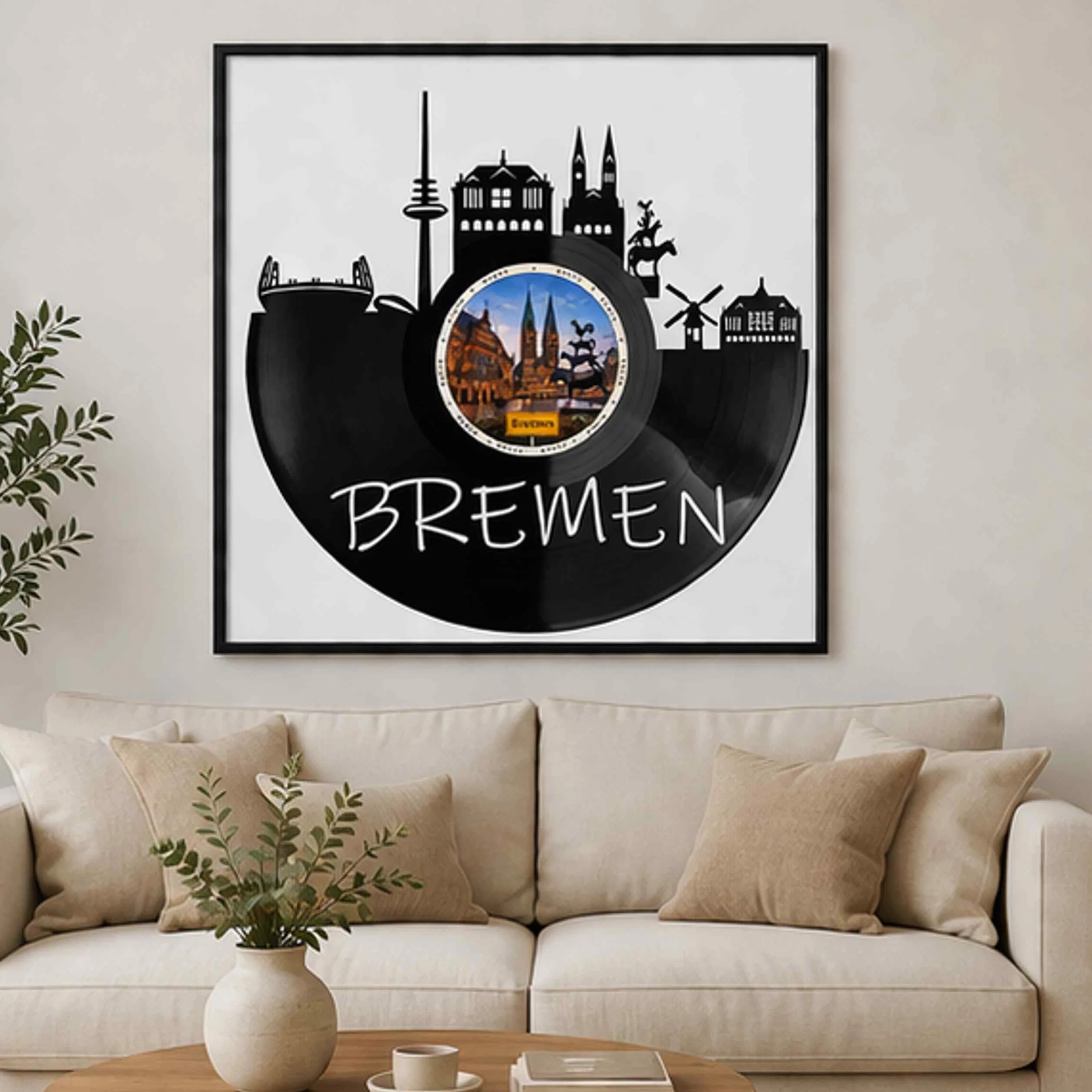 EVEVO Dekoracja ścienna z płyty gramofonowej w ramie 32 x 32 cm Brema – winylowa sztuka ścienna, Hanzestadt Skyline, prezent dla fanów Bremy, zorza polarna