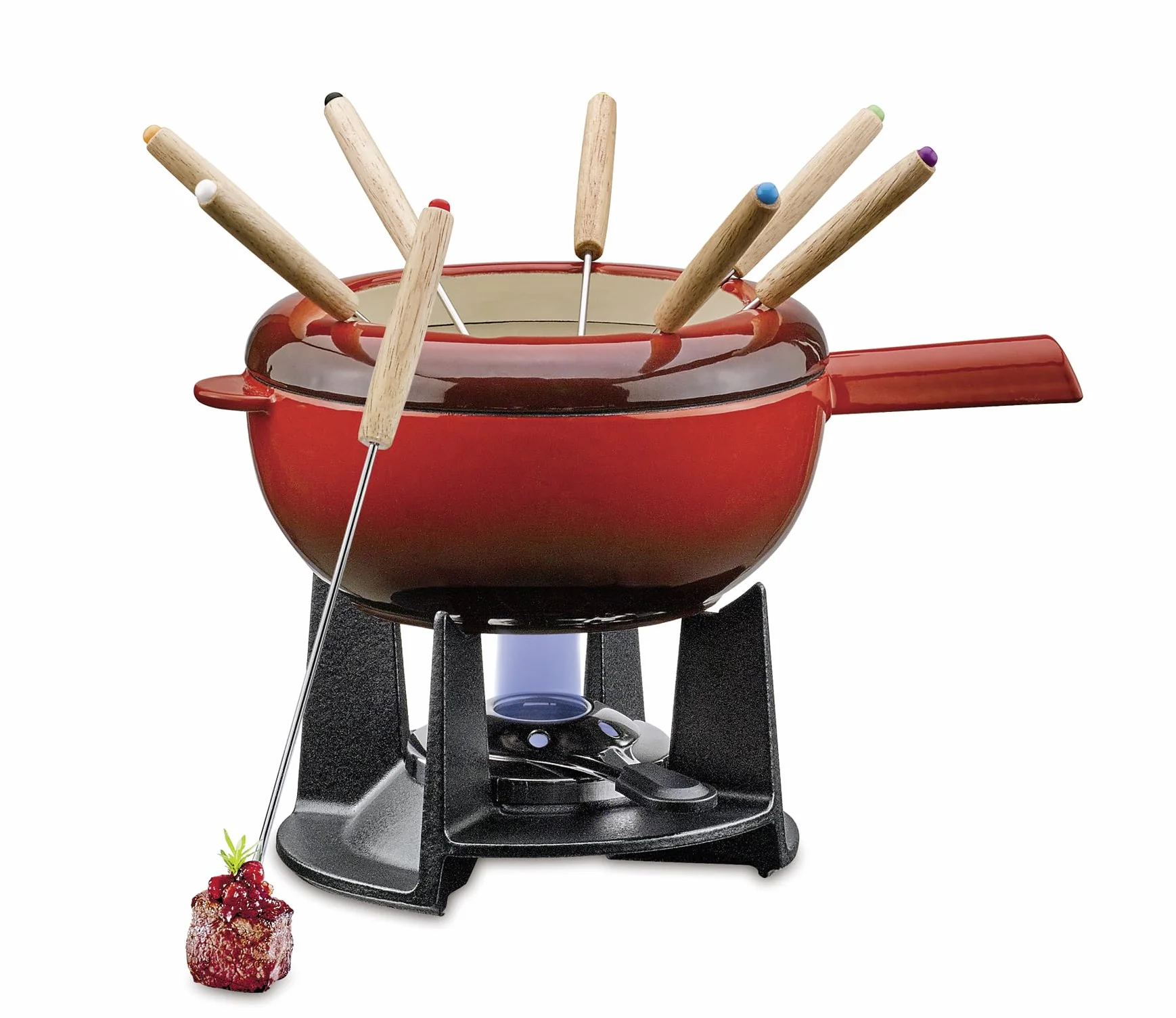 Zestaw do fondue żeliwny czerwony Ø 20 cm z 8 widelcami i ochroną przed pryskaniem palnik Rechaud