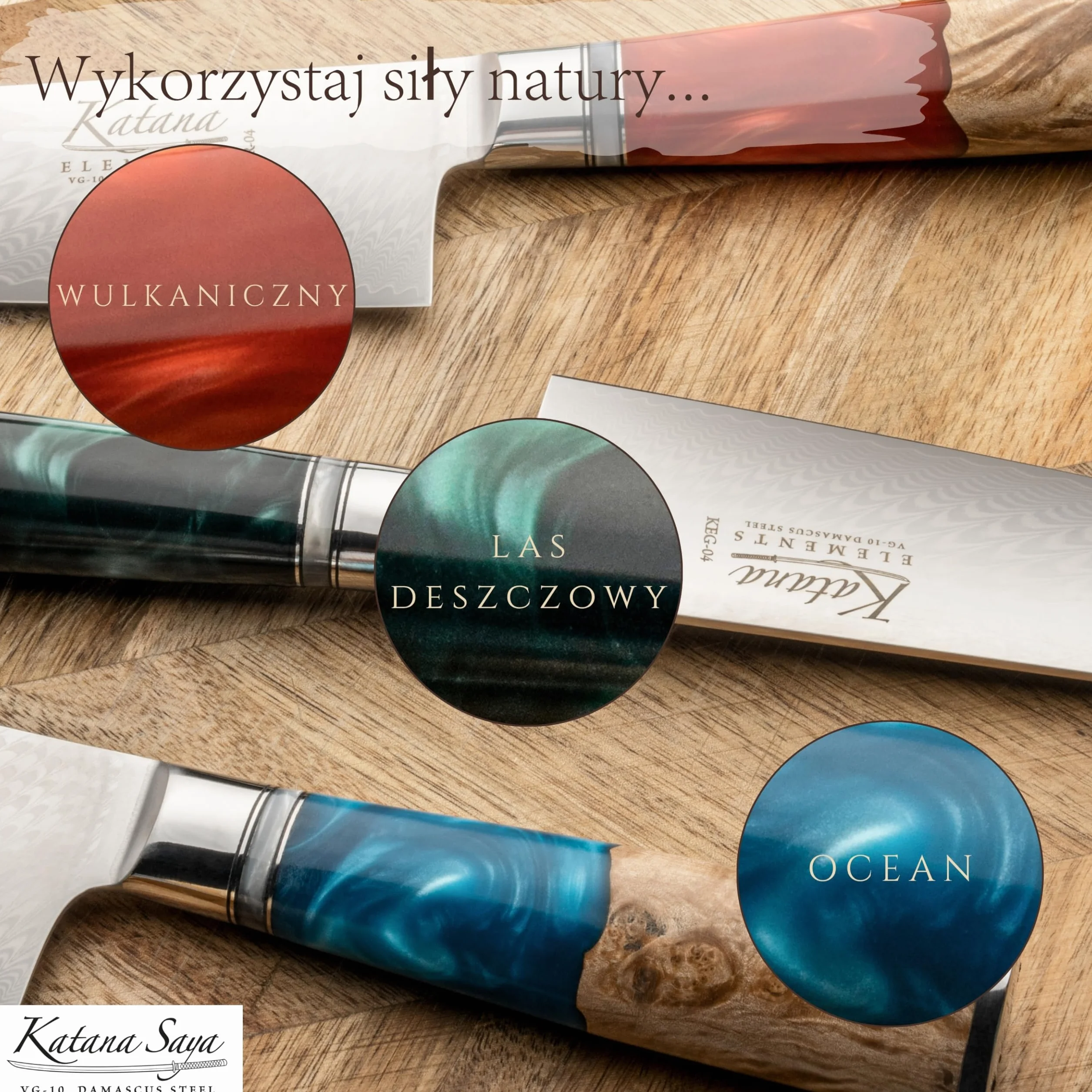 Elements Zestaw 3 noży zielony las deszczowy – stal damasceńska VG-10 o wysokiej zawartości węgla zapewniająca wyjątkową wytrzymałość i ostrość – rękojeść z drewna oliwnego i żywicy