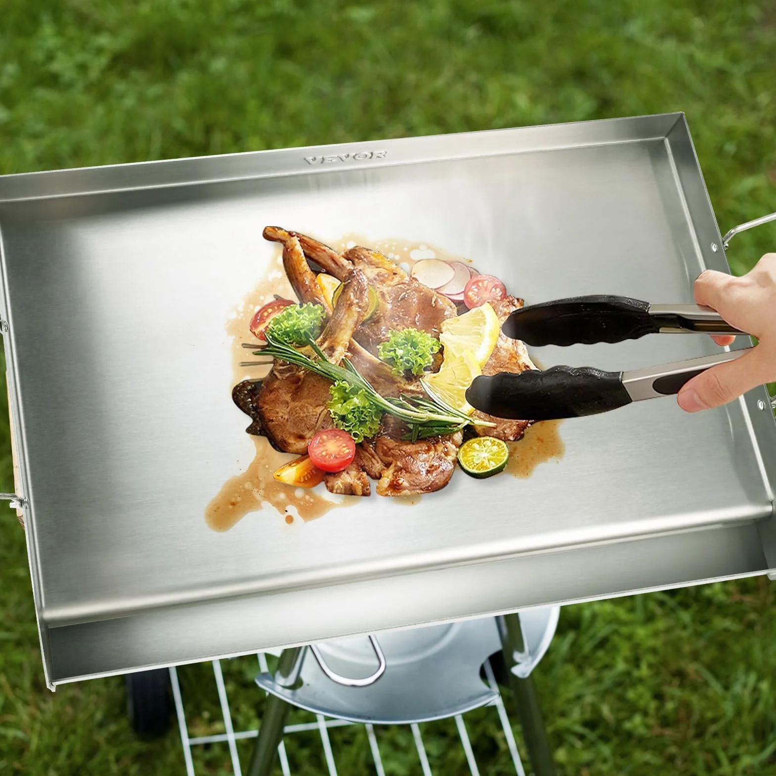 VEVOR Wstępnie przyprawiona płyta grillowa 587 x 395 mm, prostokątna płyta grillowa ze stali nierdzewnej, nieprzywierająca, grubość 2 mm, do kuchenki gazowej z 2 palnikami